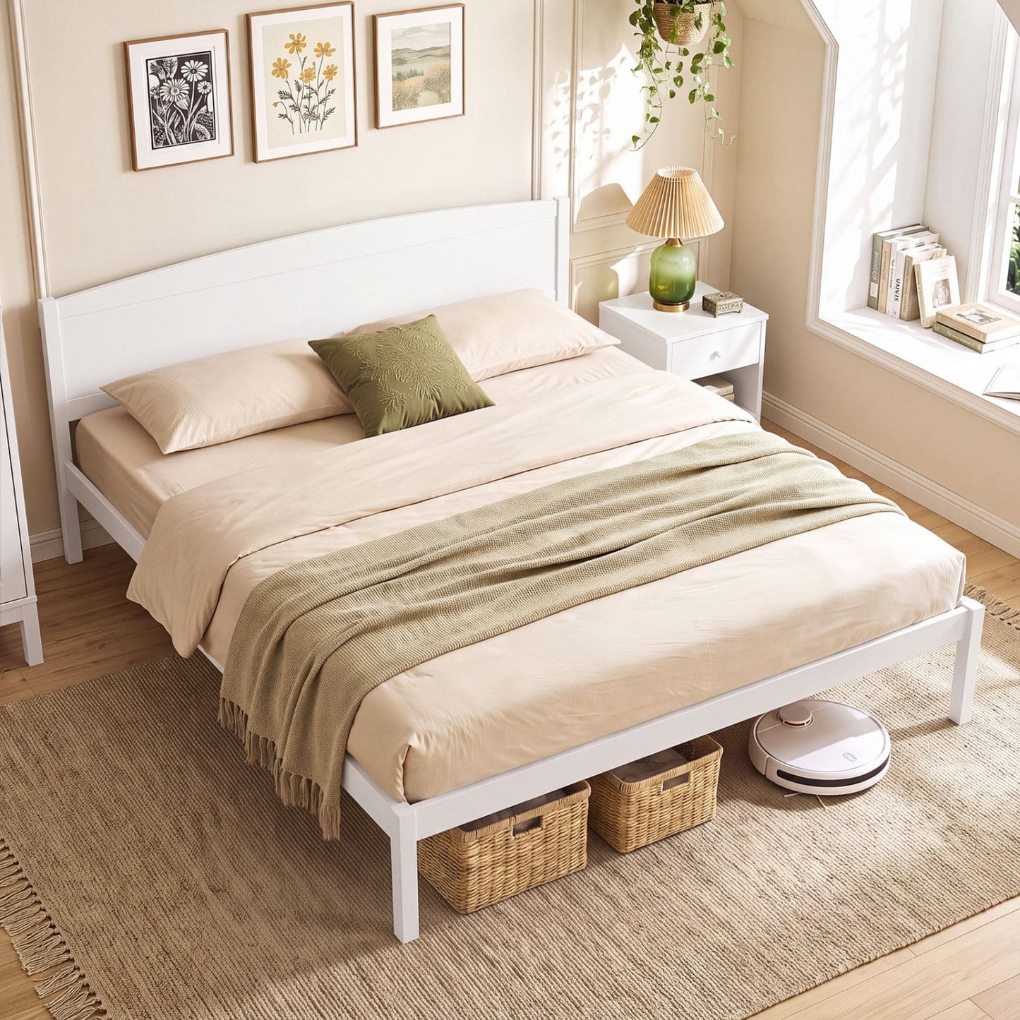 King Size Wooden Platform Bed Frame with Curved Headboard, White