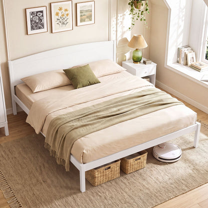 King Size Wooden Platform Bed Frame with Curved Headboard, White