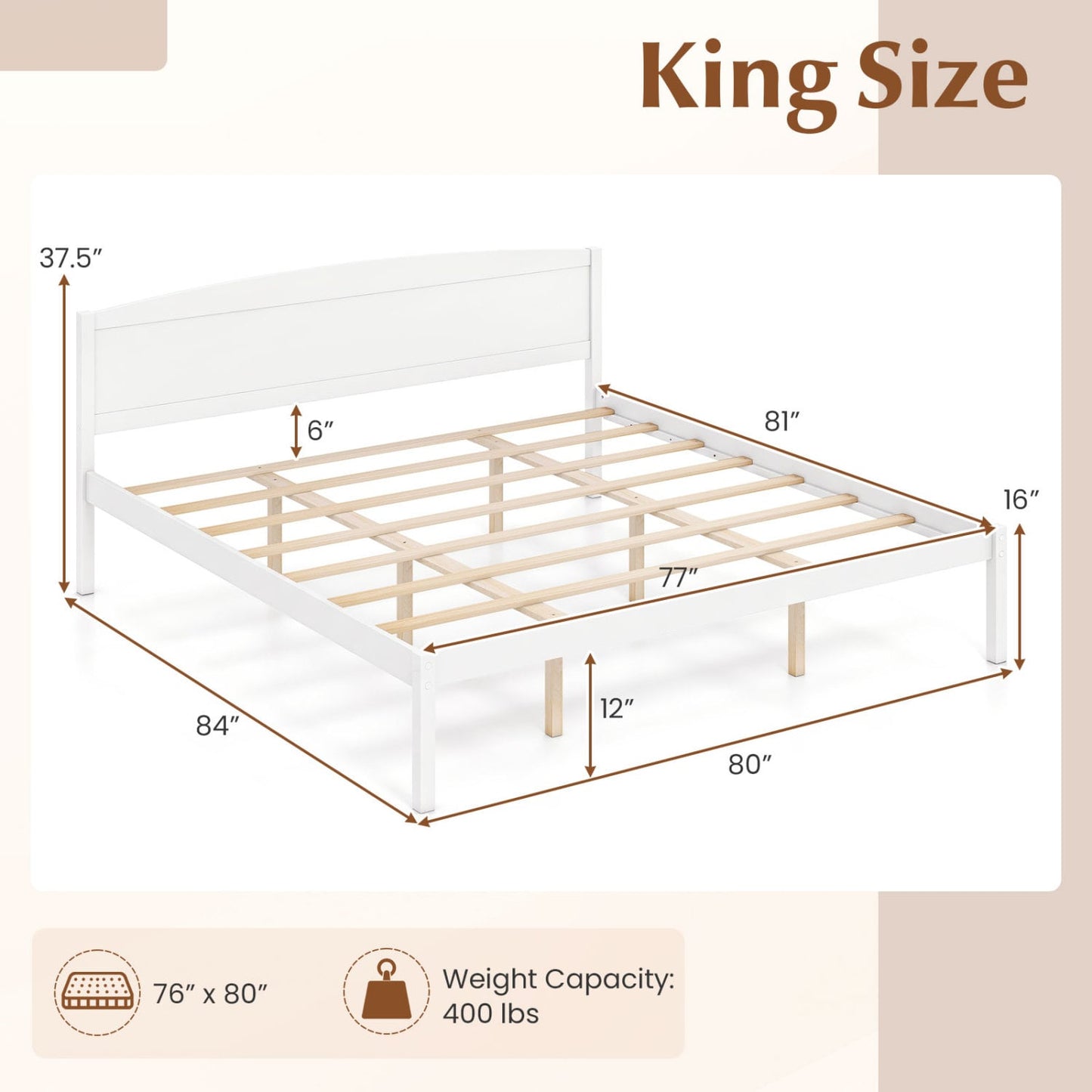 King Size Wooden Platform Bed Frame with Curved Headboard, White
