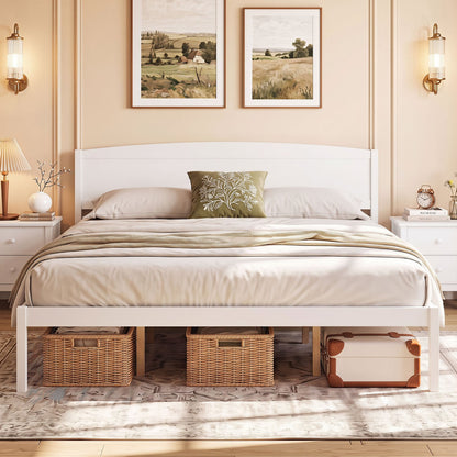 King Size Wooden Platform Bed Frame with Curved Headboard, White