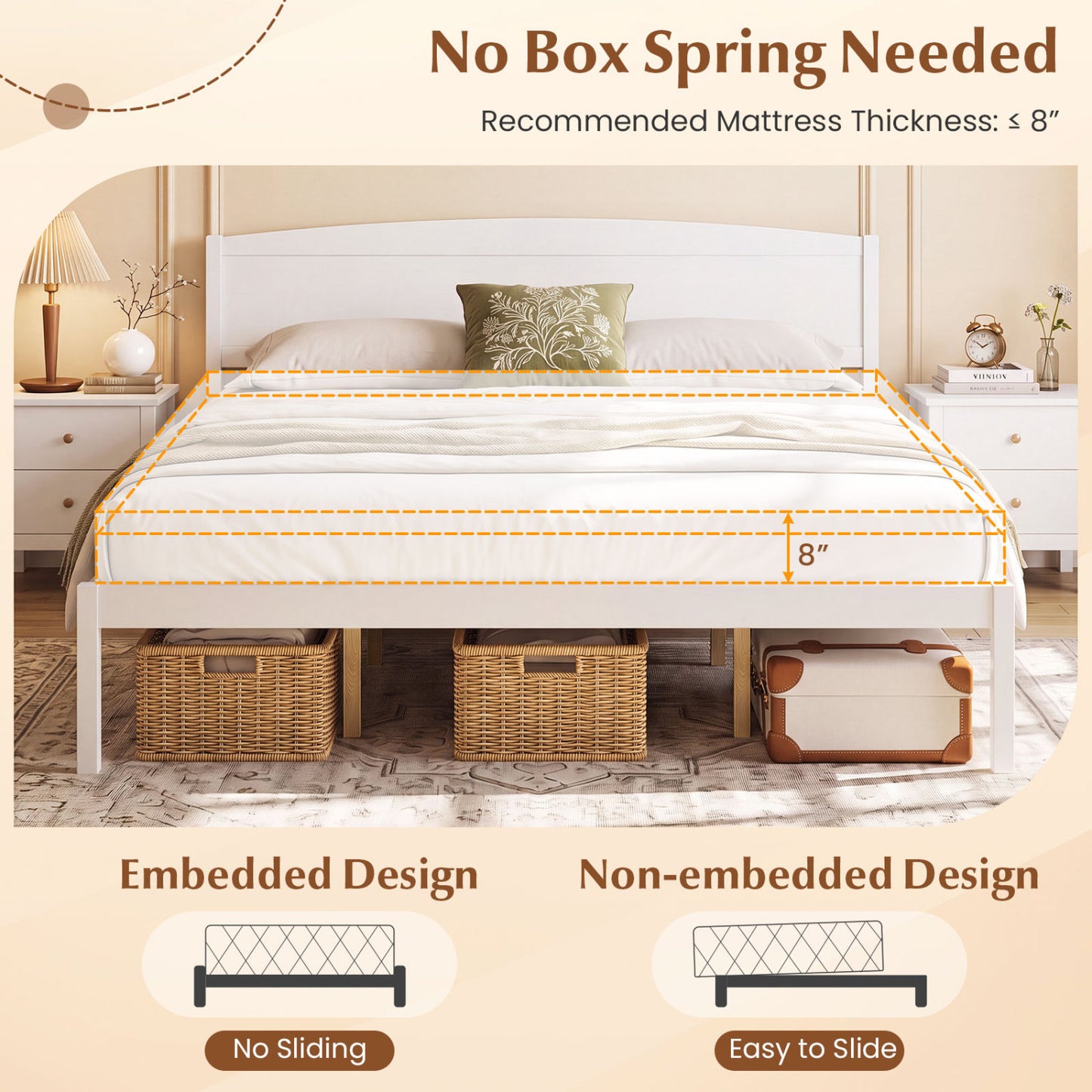King Size Wooden Platform Bed Frame with Curved Headboard, White