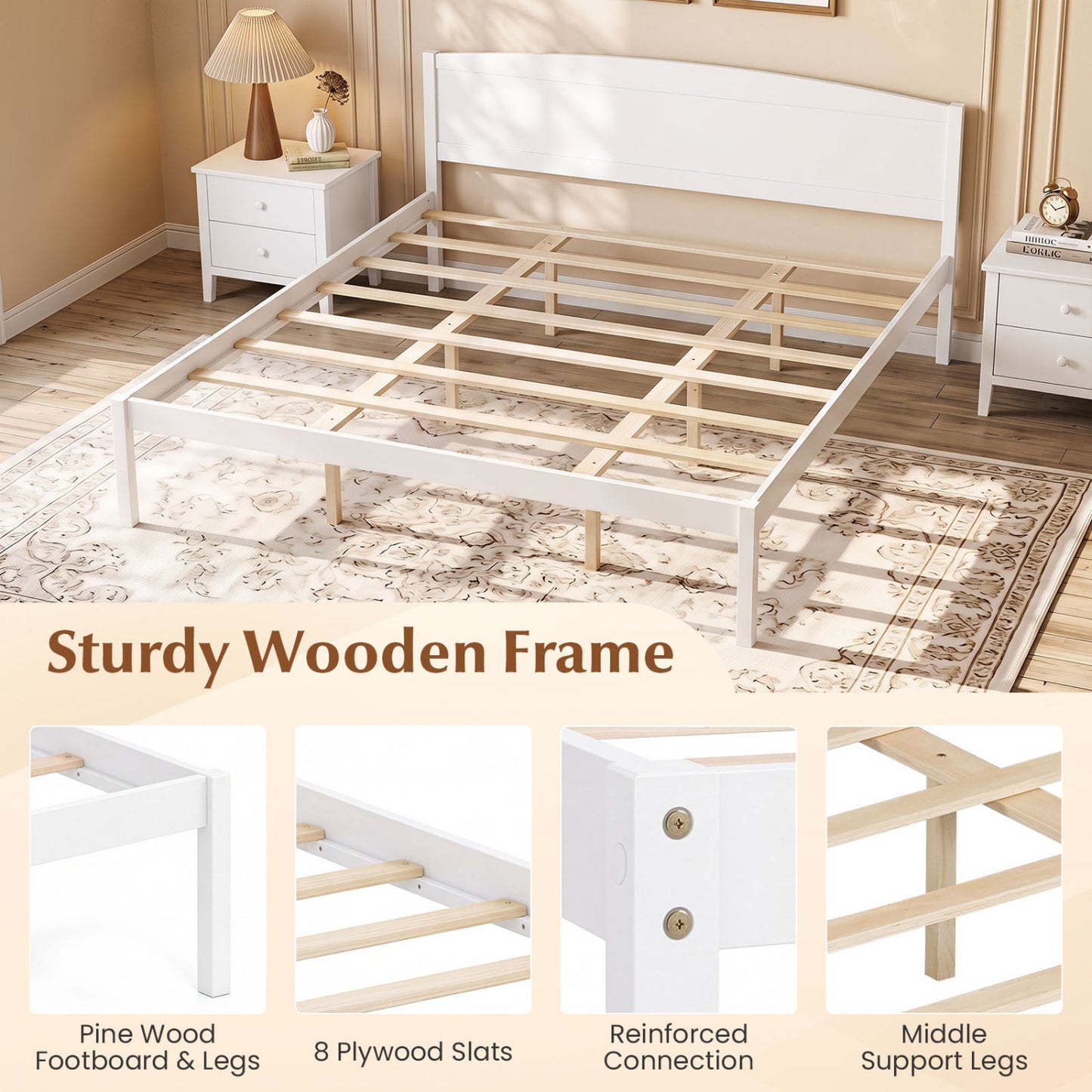 King Size Wooden Platform Bed Frame with Curved Headboard, White