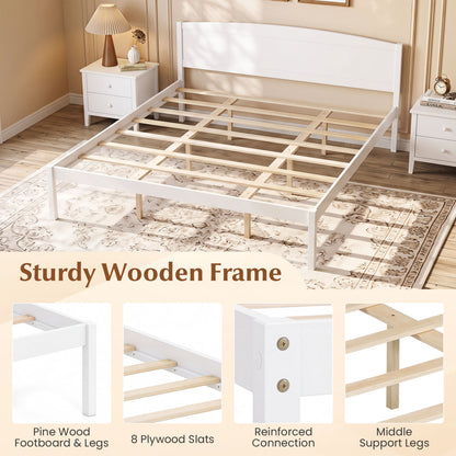 King Size Wooden Platform Bed Frame with Curved Headboard, White