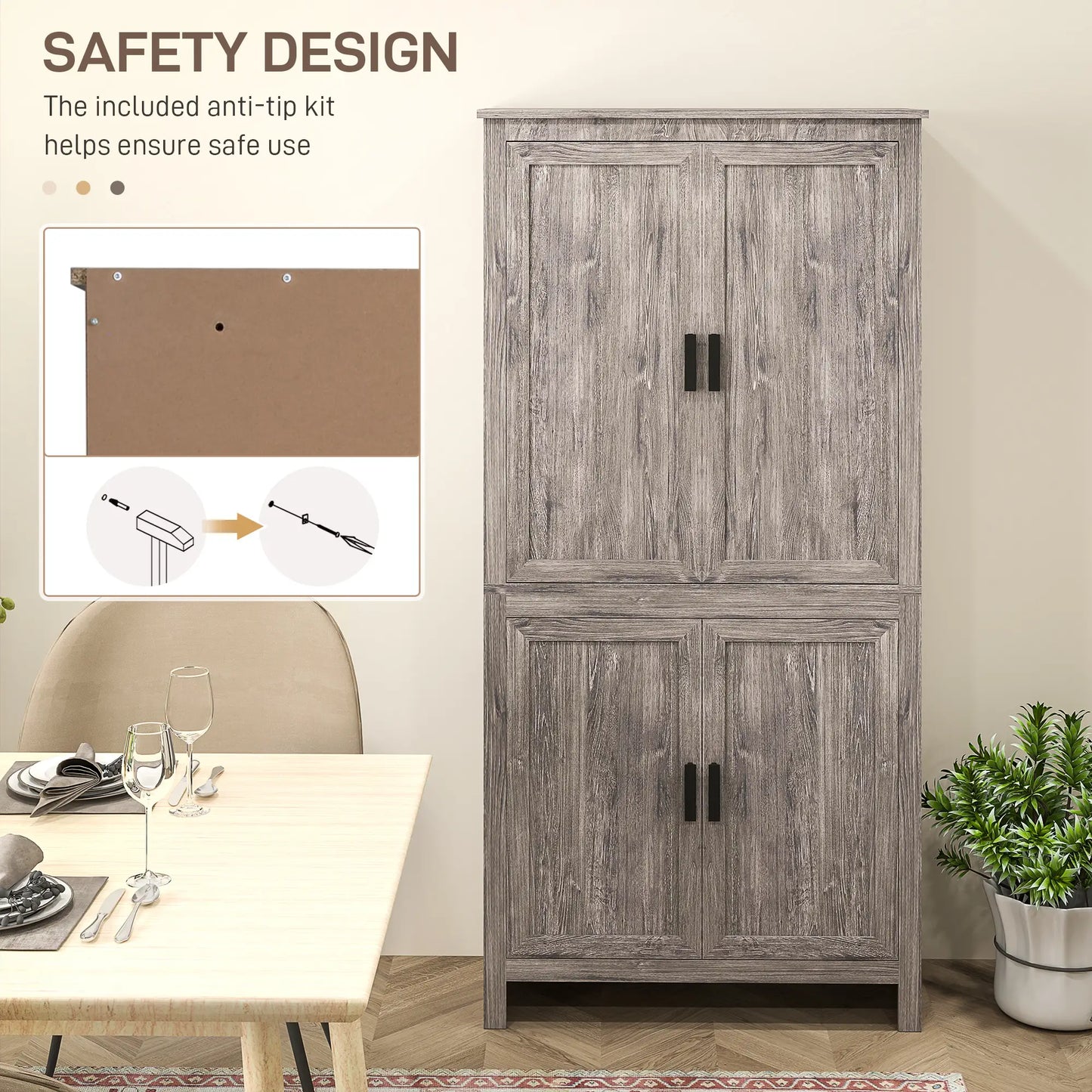 64" Kitchen Pantry Cabinet, 4 Doors, 3 Adjustable Shelves, Charcoal Grey Kitchen Pantry Cabinets at Gallery Canada