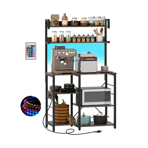 Kitchen Bakers Rack with Power Outlet 5-Tier Microwave Oven Stand with LED Lights, Rustic Brown
