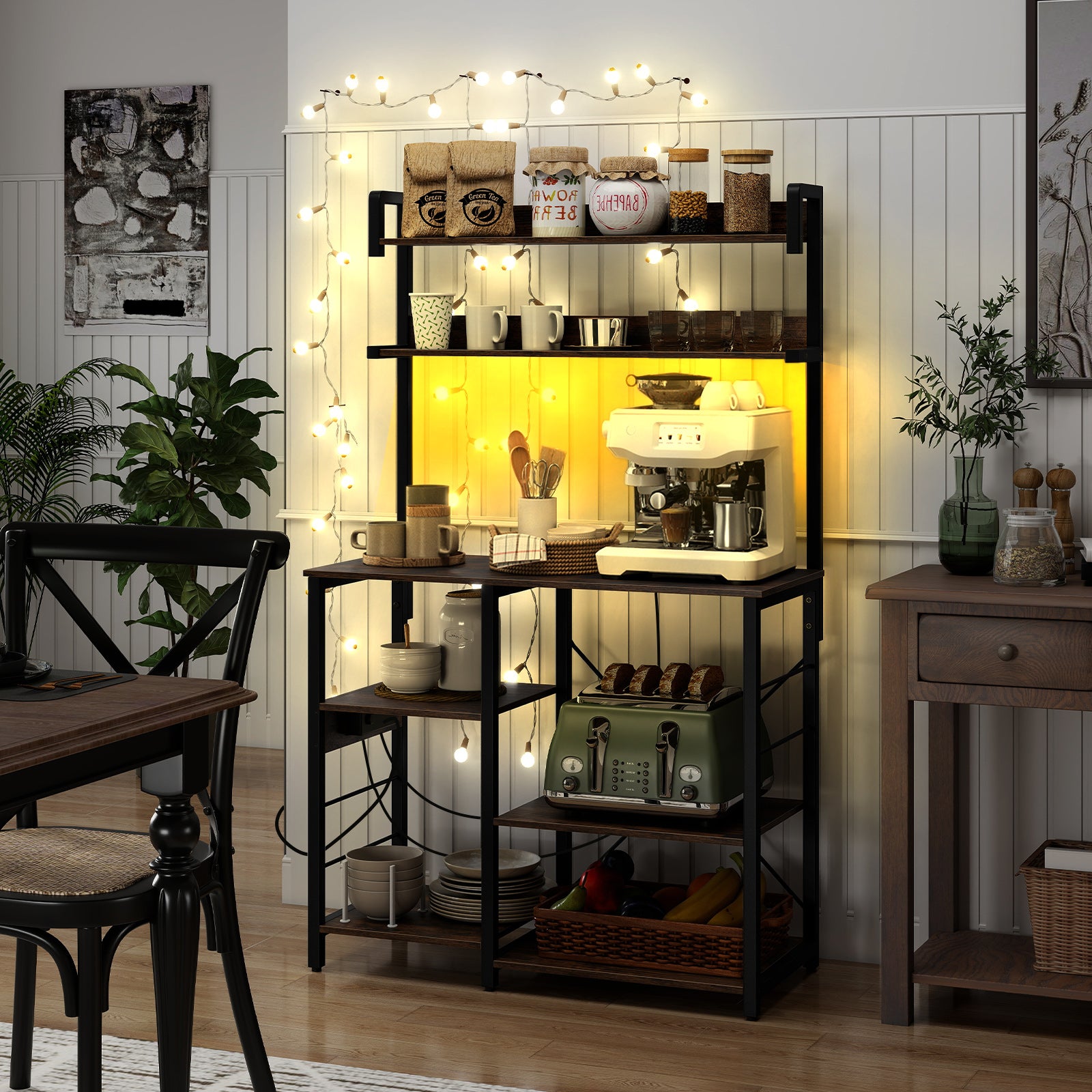 Kitchen Bakers Rack with Power Outlet 5-Tier Microwave Oven Stand with LED Lights, Rustic Brown Baker's Racks at Gallery Canada