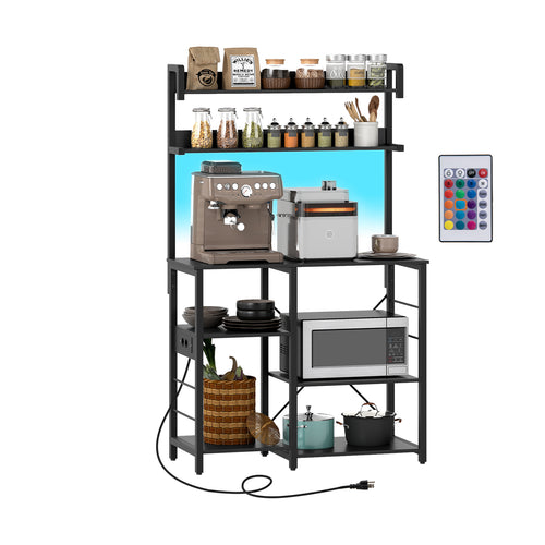 5-Tier Kitchen Bakers Rack With Power Outlet, LED Lights, Black
