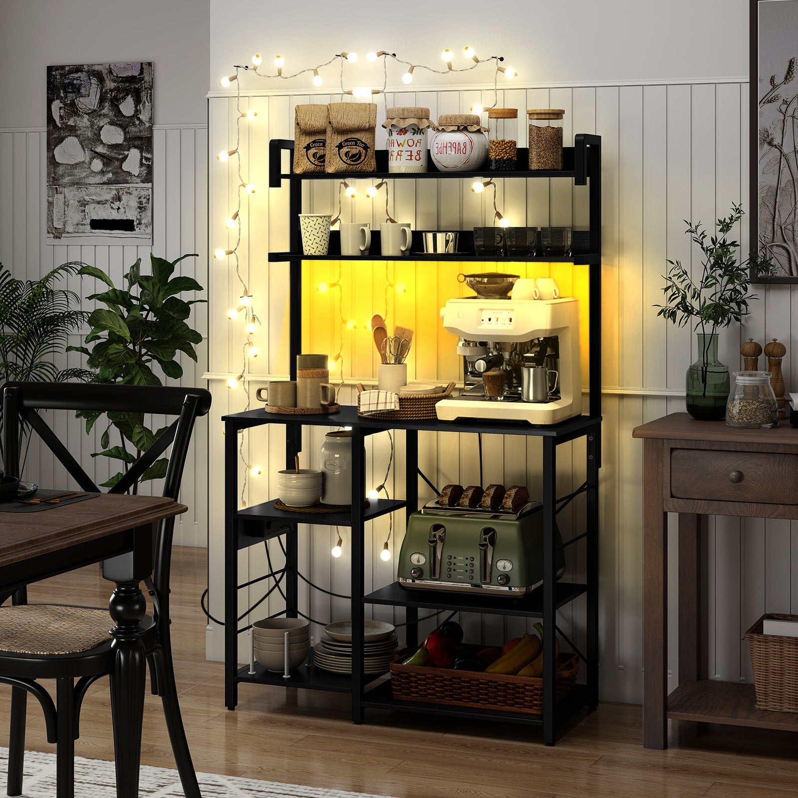 Kitchen Bakers Rack with Power Outlet 5-Tier Microwave Oven Stand with LED Lights, Black Baker's Racks at Gallery Canada