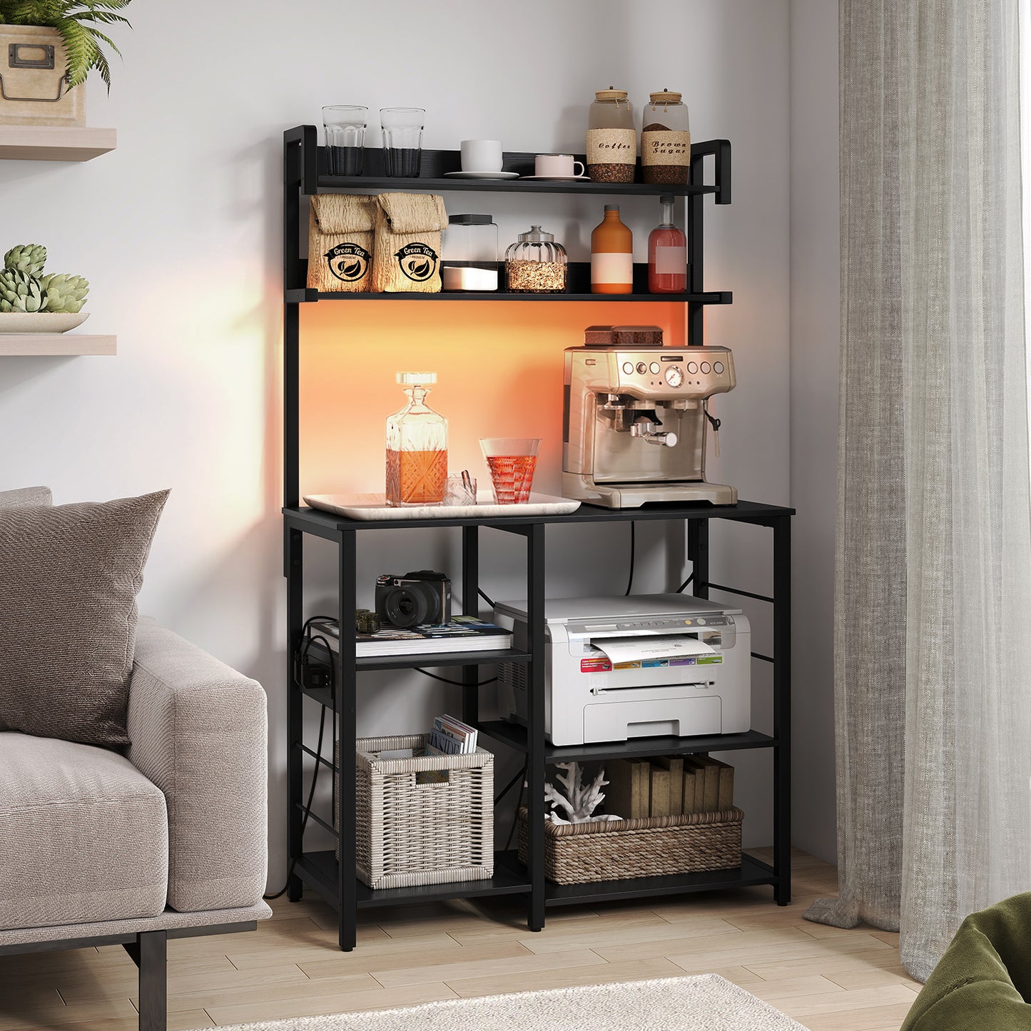 Kitchen Bakers Rack with Power Outlet 5-Tier Microwave Oven Stand with LED Lights, Black Baker's Racks at Gallery Canada