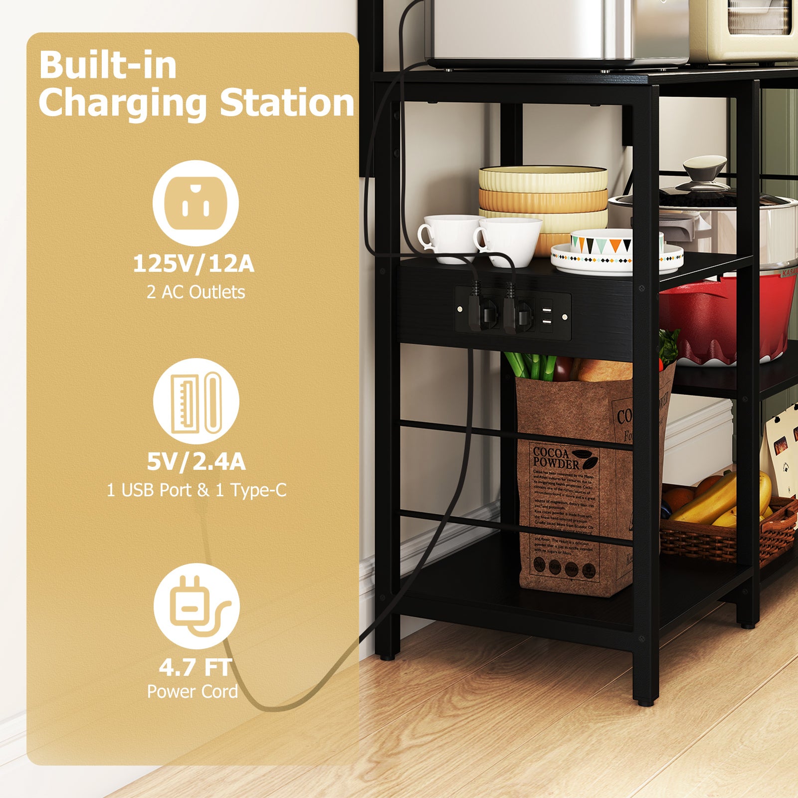 Kitchen Bakers Rack with Power Outlet 5-Tier Microwave Oven Stand with LED Lights, Black Baker's Racks at Gallery Canada