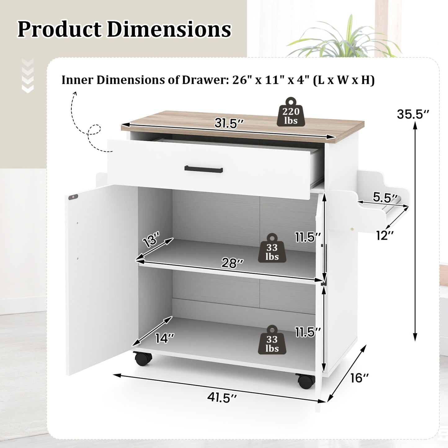 Kitchen Island Cart With Drawer, Rolling Storage, White Kitchen Islands & Carts at Gallery Canada