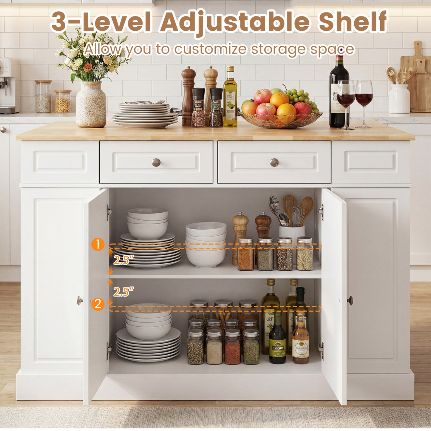 Kitchen Island With Storage, 3-Level Adjustable Shelves, White Kitchen Islands & Carts at Gallery Canada