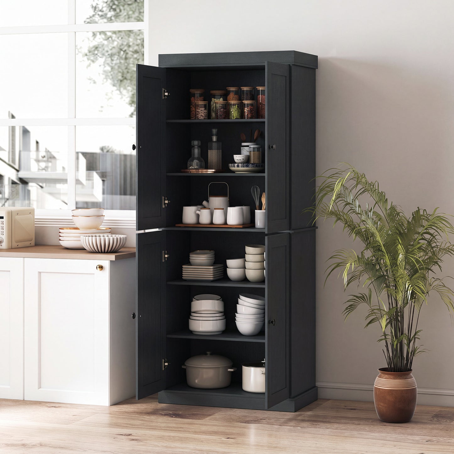 Kitchen Pantry Cabinet, 2 Adjustable Shelves, Anti-Tipping, Black