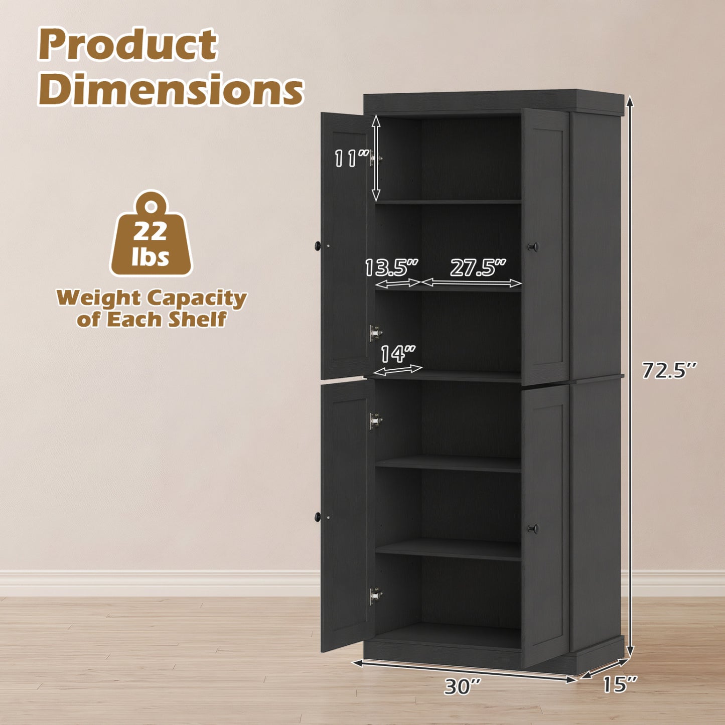 Kitchen Pantry Cabinet, 2 Adjustable Shelves, Anti-Tipping, Black