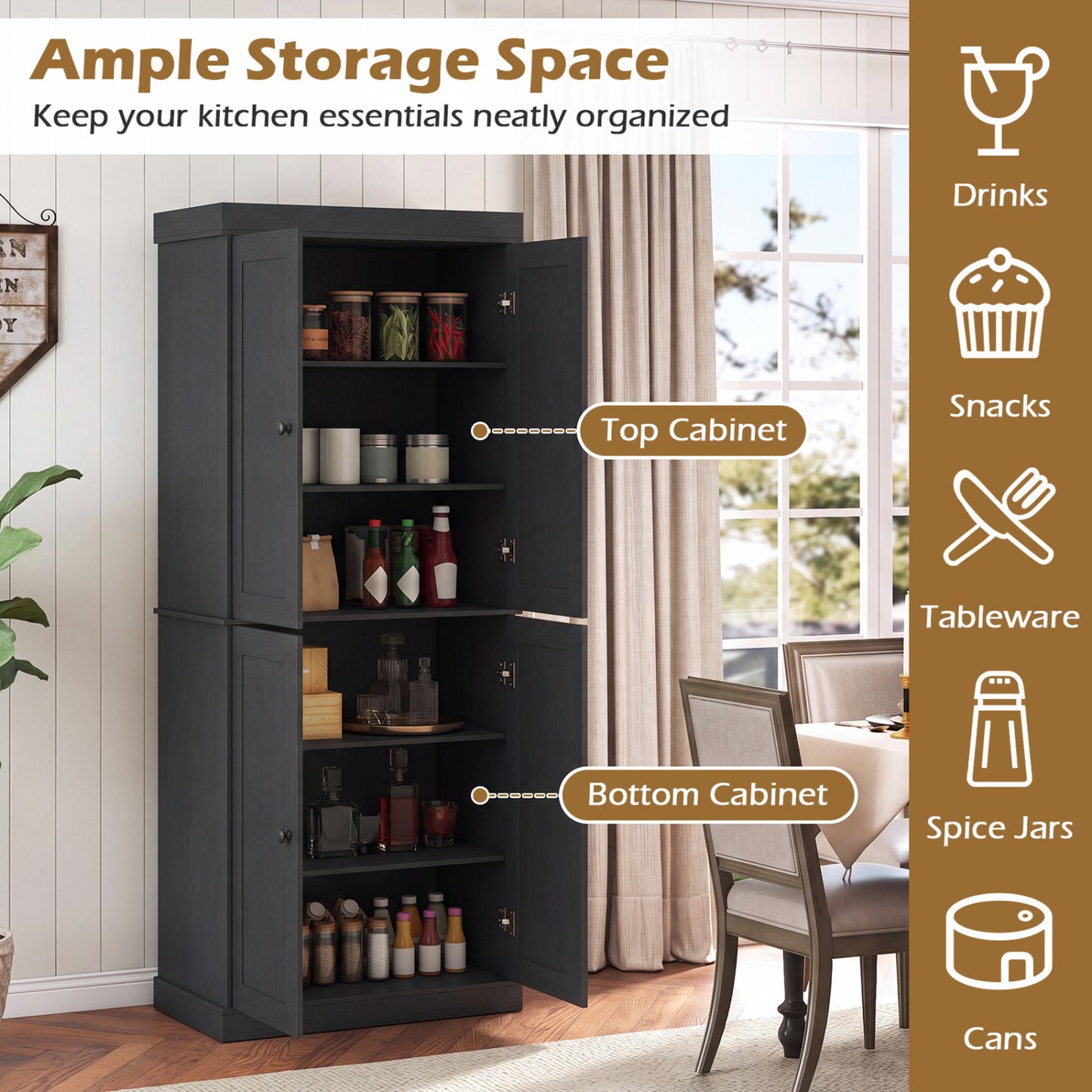 Kitchen Pantry Cabinet, 2 Adjustable Shelves, Anti-Tipping, Black