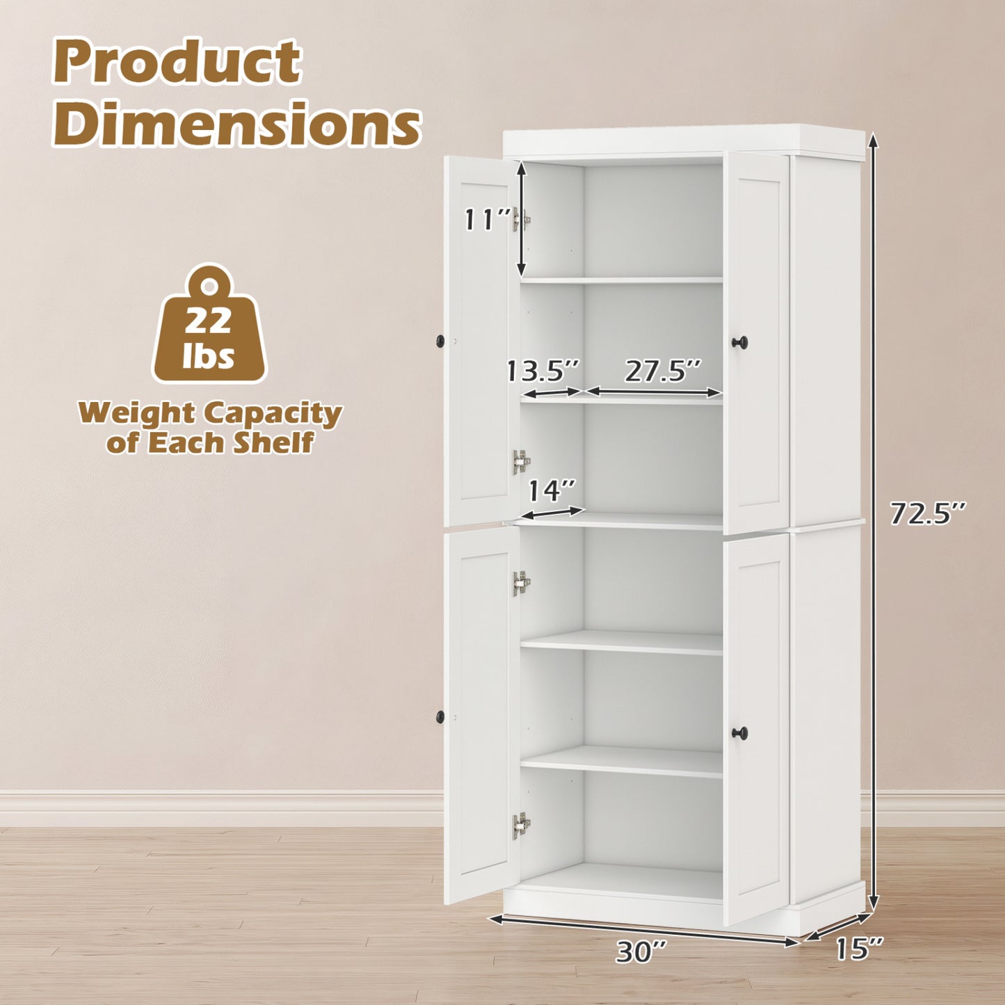 Kitchen Pantry Cabinet, 2 Shelves, Anti-Tipping, White
