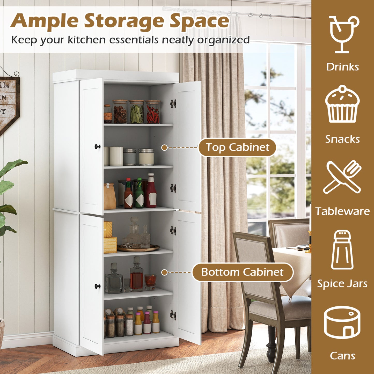 Kitchen Pantry Cabinet, 2 Shelves, Anti-Tipping, White