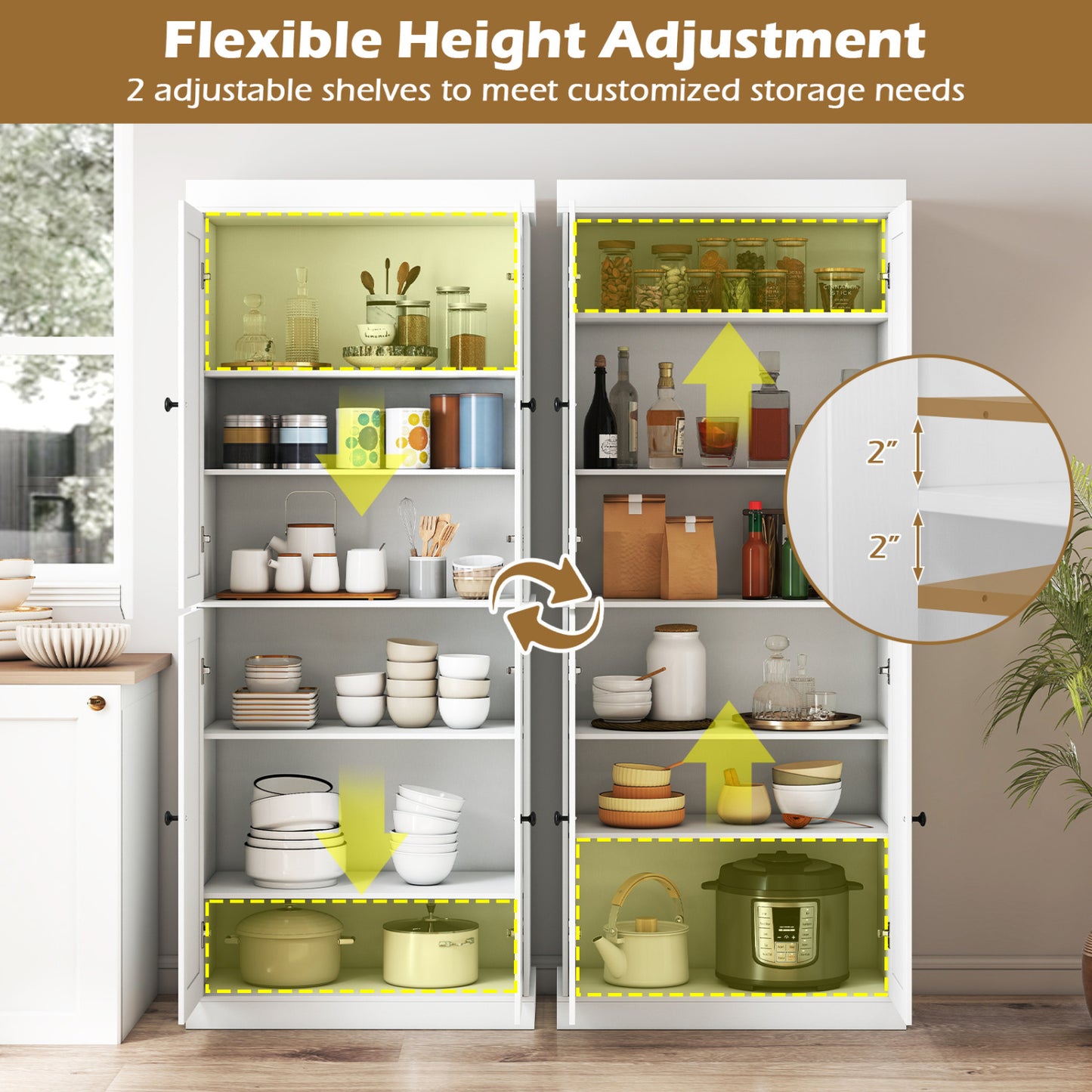 Kitchen Pantry Cabinet, 2 Shelves, Anti-Tipping, White