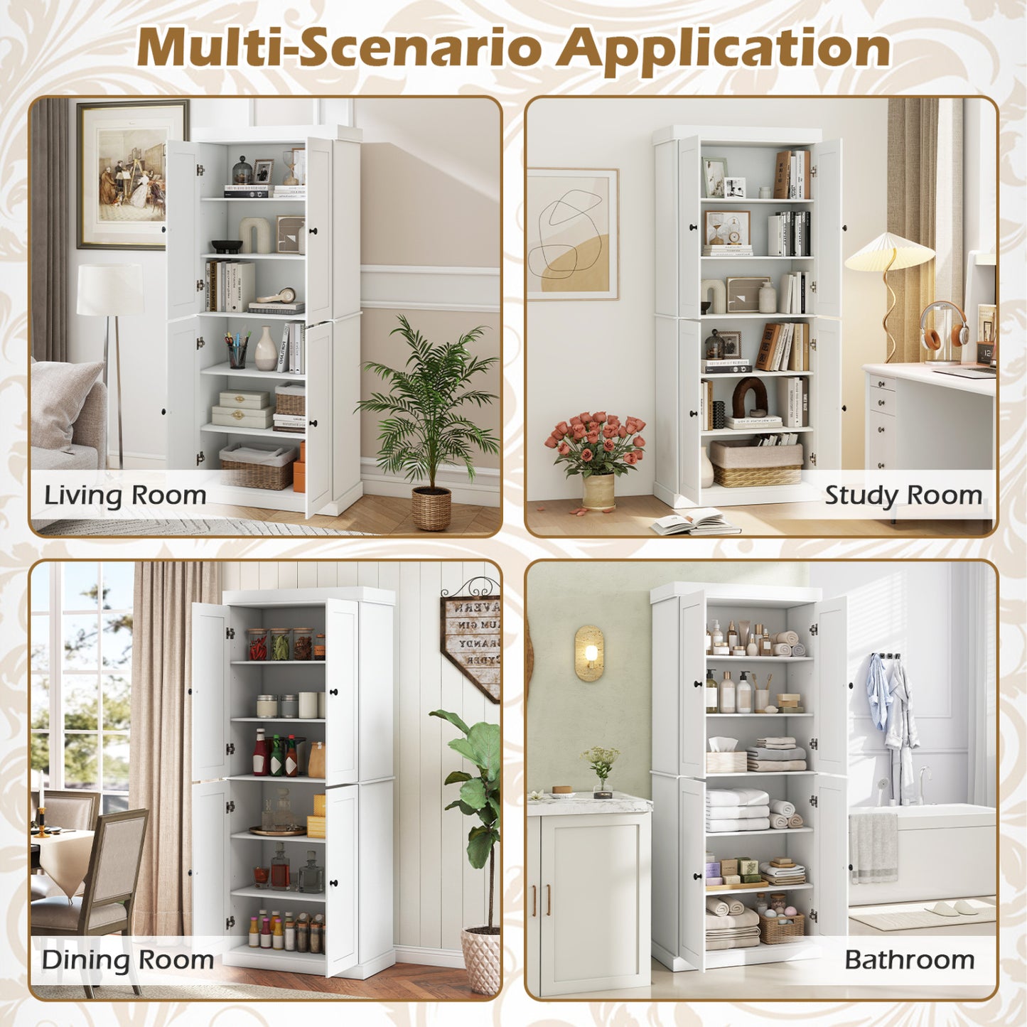 Kitchen Pantry Cabinet, 2 Shelves, Anti-Tipping, White