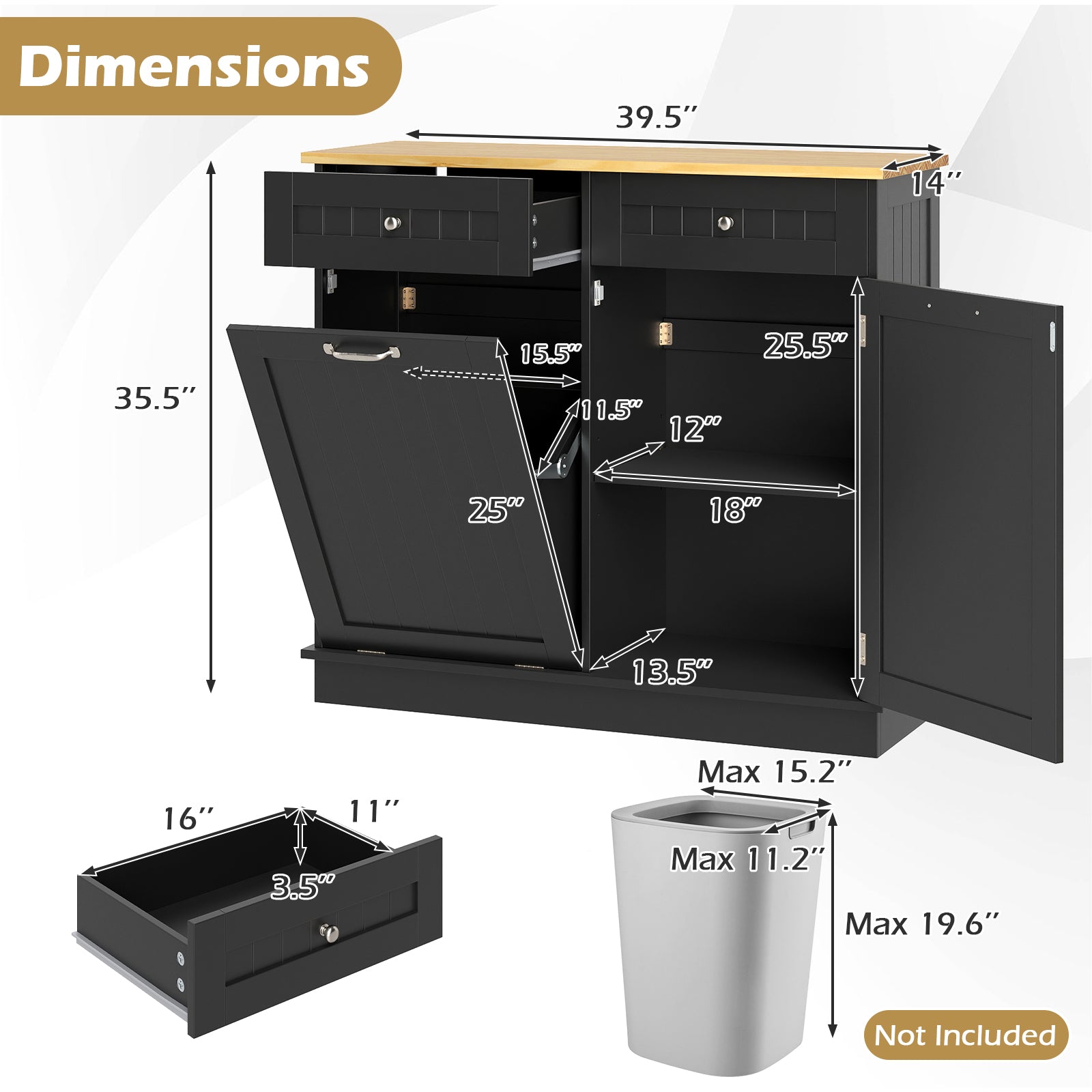 Kitchen Tilt Out Trash Cabinet with 2 Drawers and Adjustable Shelf, Black Sideboards Cabinets & Buffets at Gallery Canada
