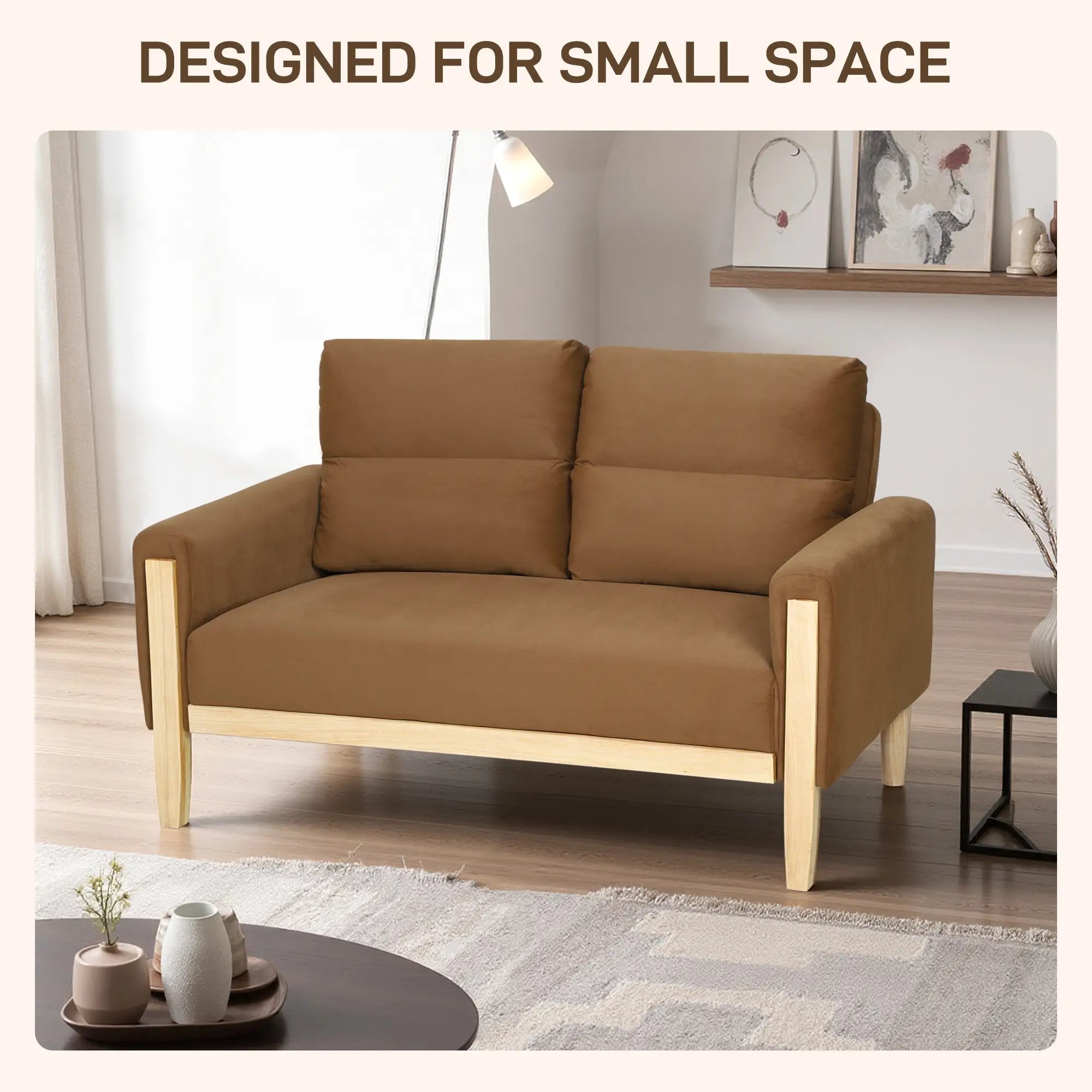 53 Inch Loveseat Sofa, 2 Seater Couch, Solid Wood Legs, Modern Velvet, Brown 2-Seater Sofas at Gallery Canada
