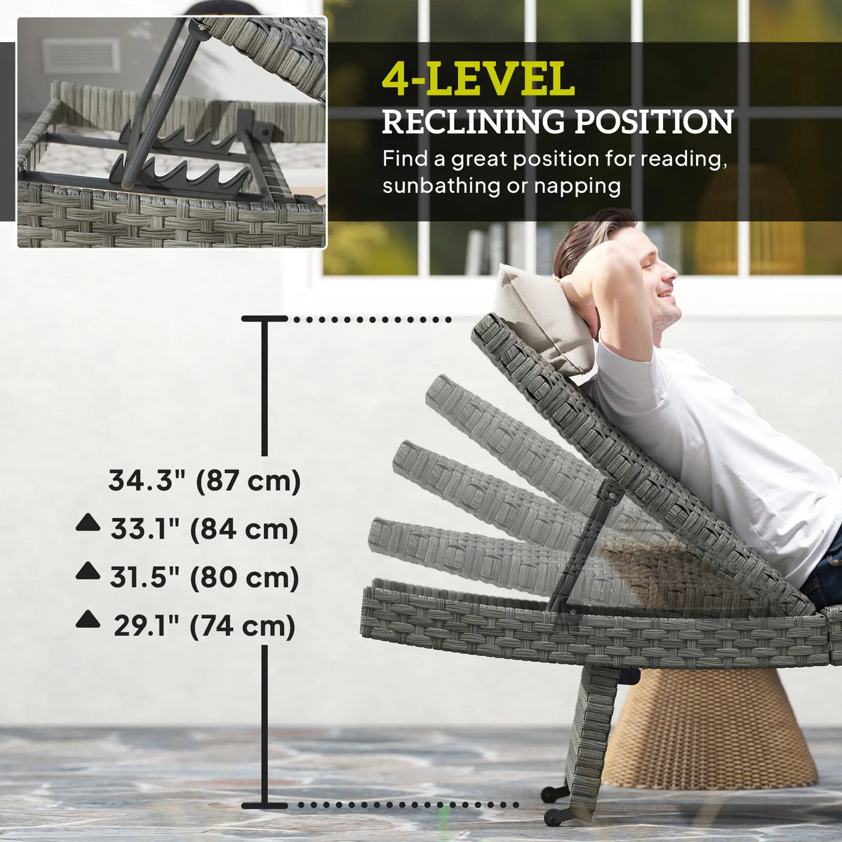 Folding Wicker Outdoor Chaise Lounge, 4-Level Adjustable Backrest, Grey Wicker Chaise Loungers at Gallery Canada