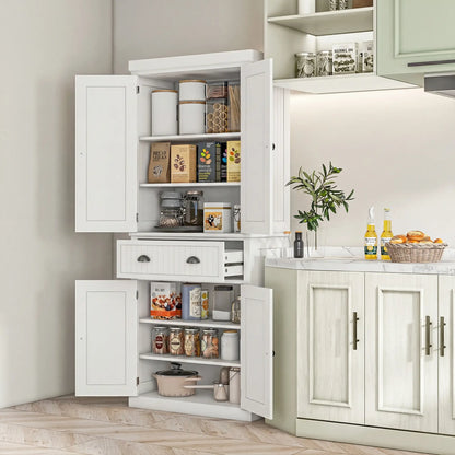 72" Kitchen Pantry, Storage Cabinet with Drawer, Doors, Cream White