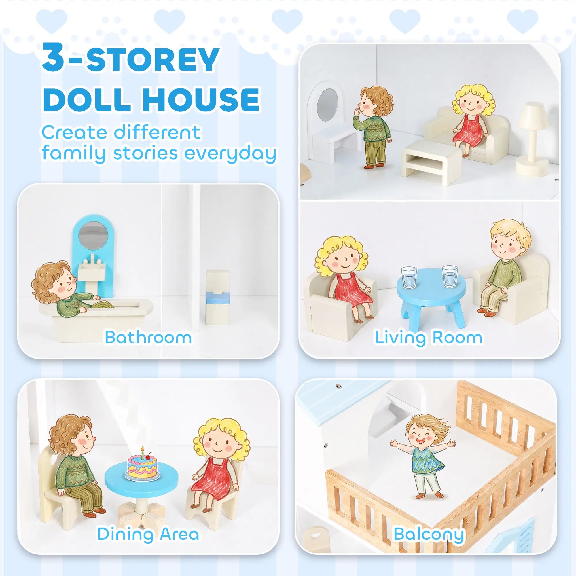 Wooden Doll House with Elevator, 5 Rooms, 13 Accessories, Blue Play Houses at Gallery Canada