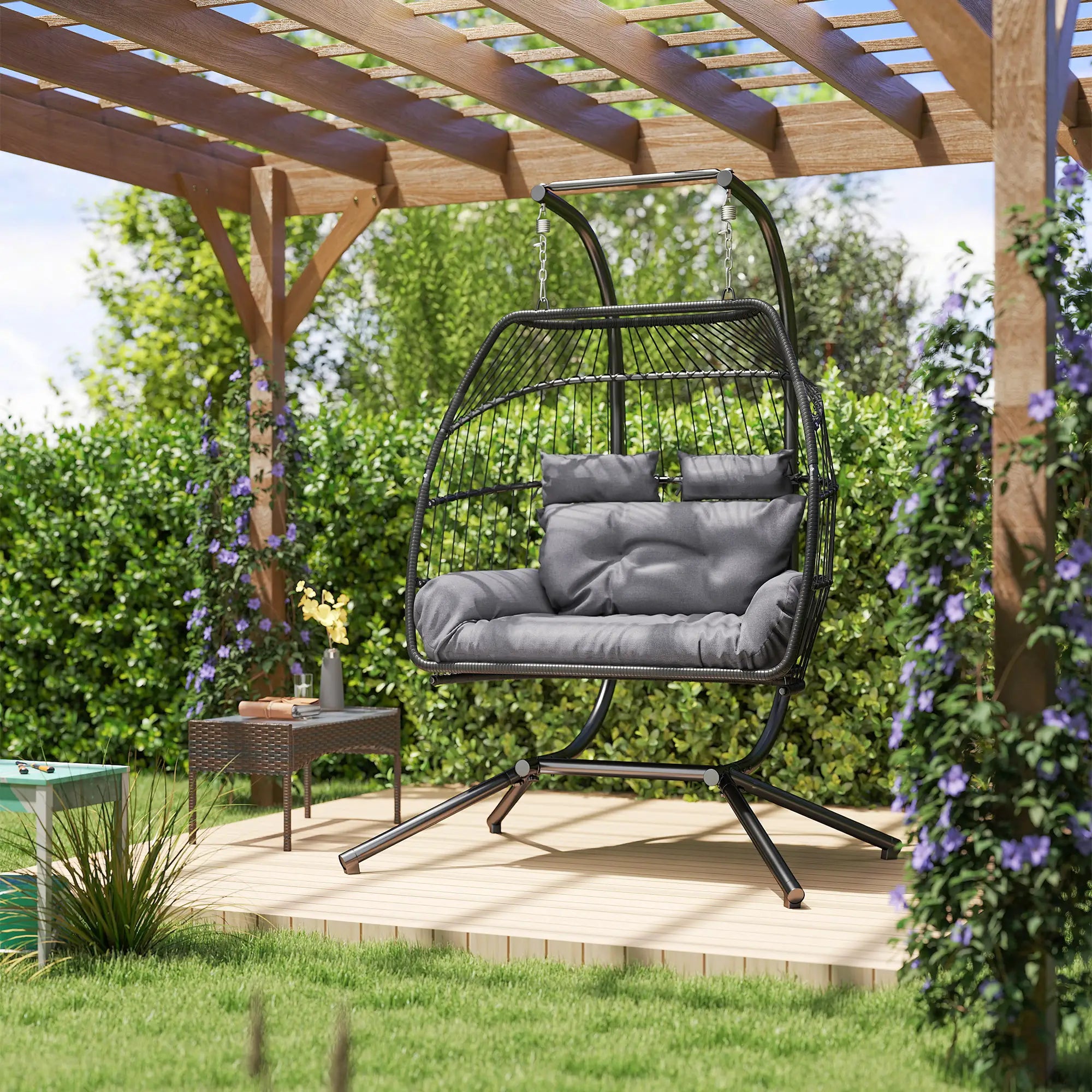 Double Wicker Egg Swing Chair, Foldable with Stand, UV Resistant Cushion, Headrest, Dark Grey Patio Swings with Stand at Gallery Canada