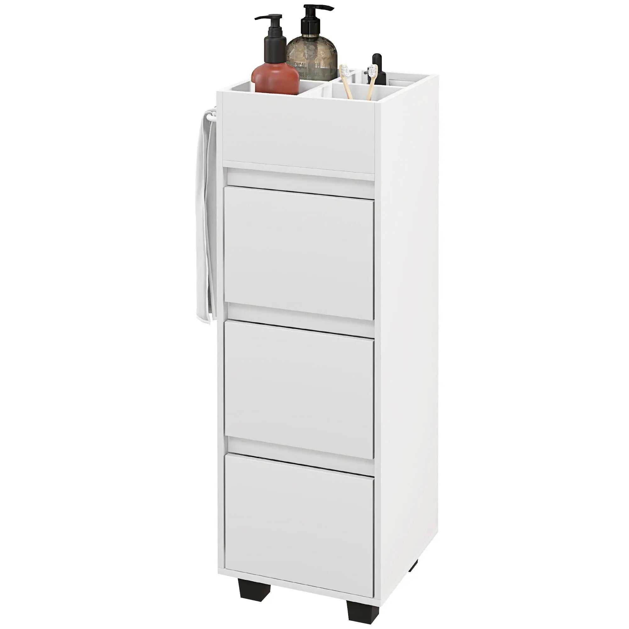 Slim Bathroom Cabinet, 4 Compartments, 3 Drawers, Towel Rack, White Freestanding Bathroom Cabinets White at Gallery Canada