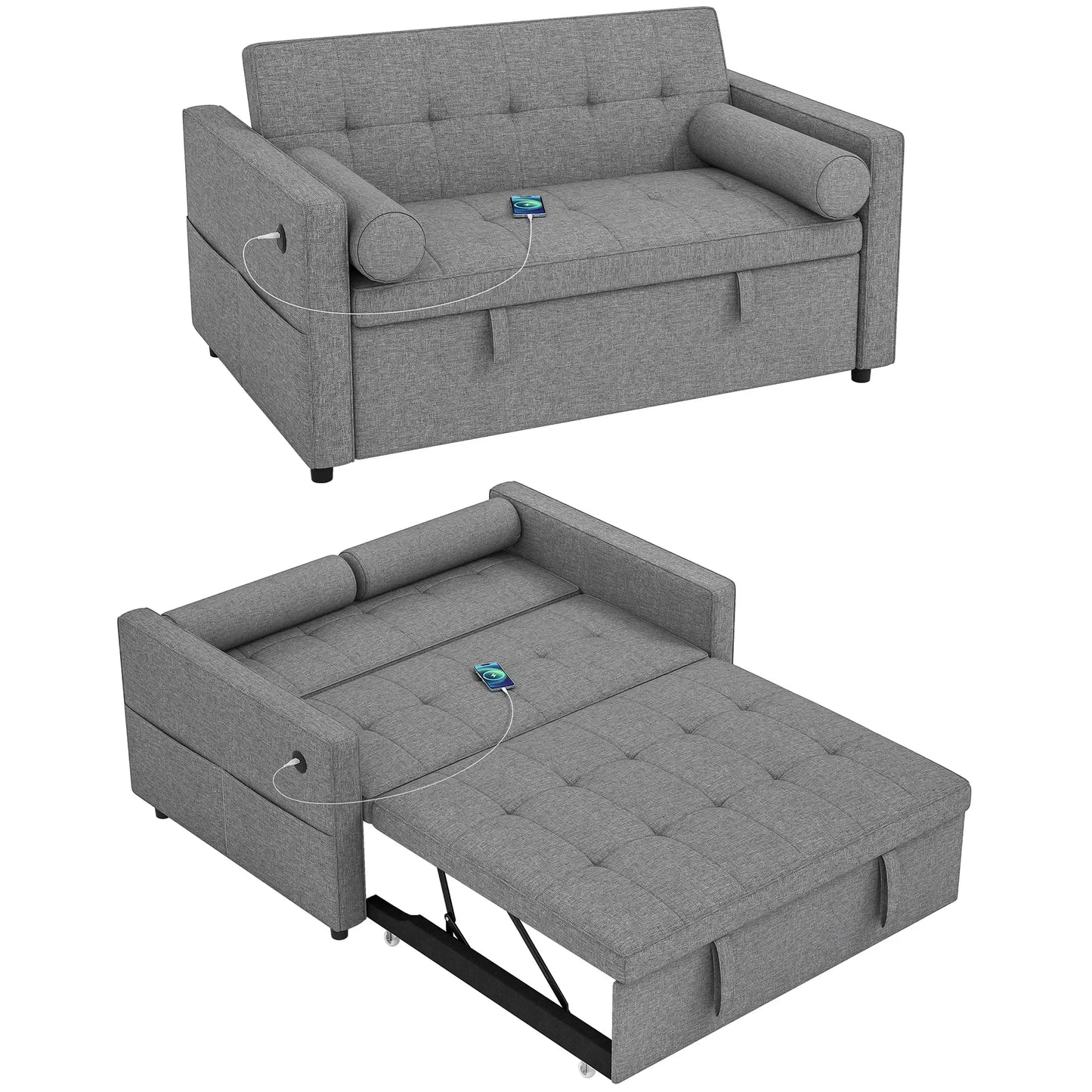 Pull Out Sofa Bed, Sleeper Couch with USB, Small Linen Loveseat, Grey 2-Seater Sofas at Gallery Canada