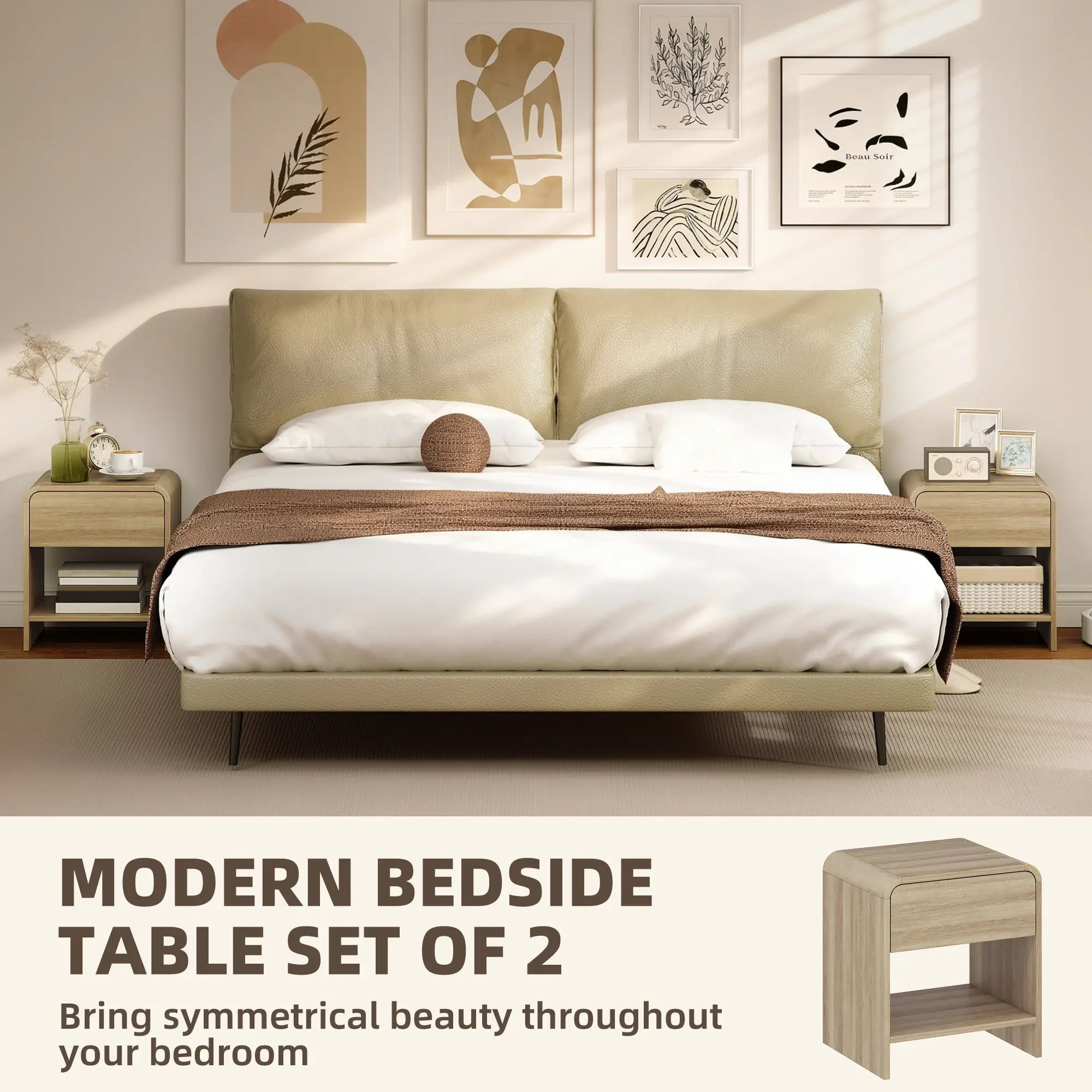 Modern Nightstand Set Of 2, Natural Wood, With Drawer And Open Shelf Bedside Tables at Gallery Canada