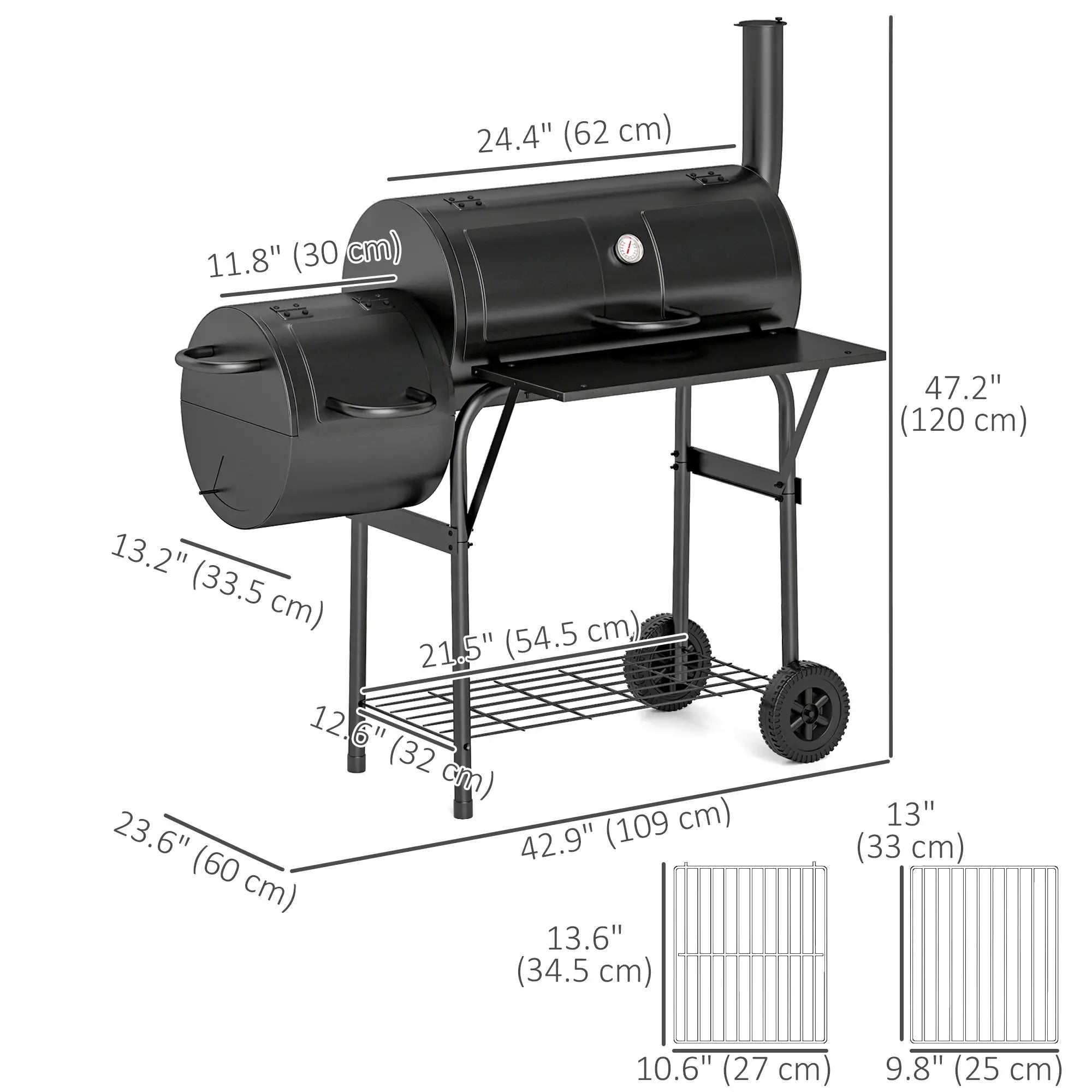 Portable Charcoal BBQ Grill With Offset Smoker, 2 Shelves, Thermometer, Wheels, Black Charcoal BBQ Grils at Gallery Canada