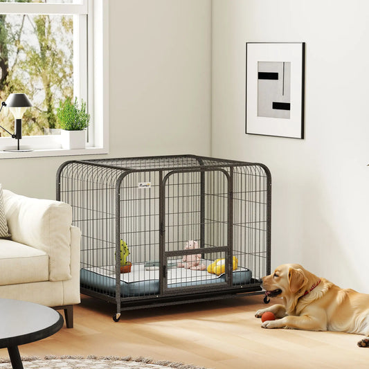 43 Inch Heavy Duty Dog Crate, Extra Large Metal Cage With Lockable Wheels Dog Cages & Crates Black at Gallery Canada