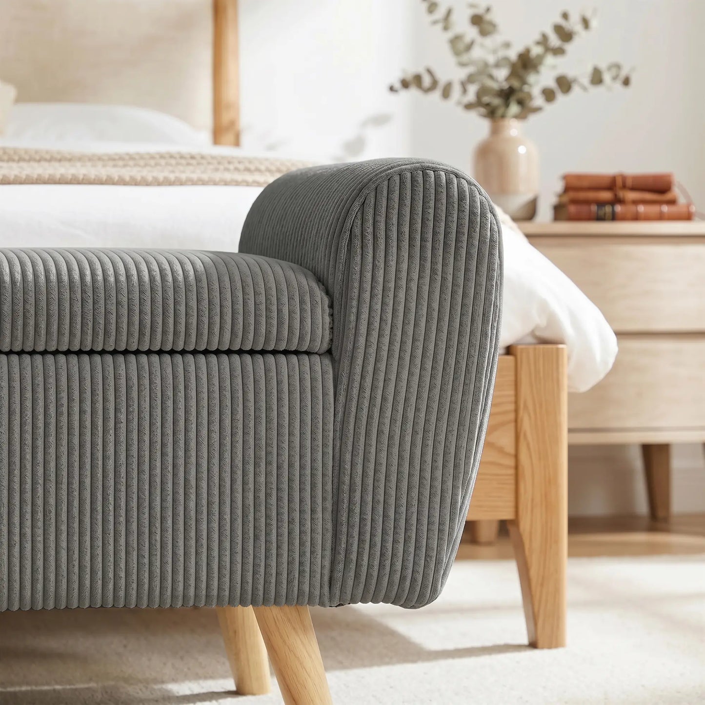 59" Corduroy Storage Ottoman Bench, Dark Grey