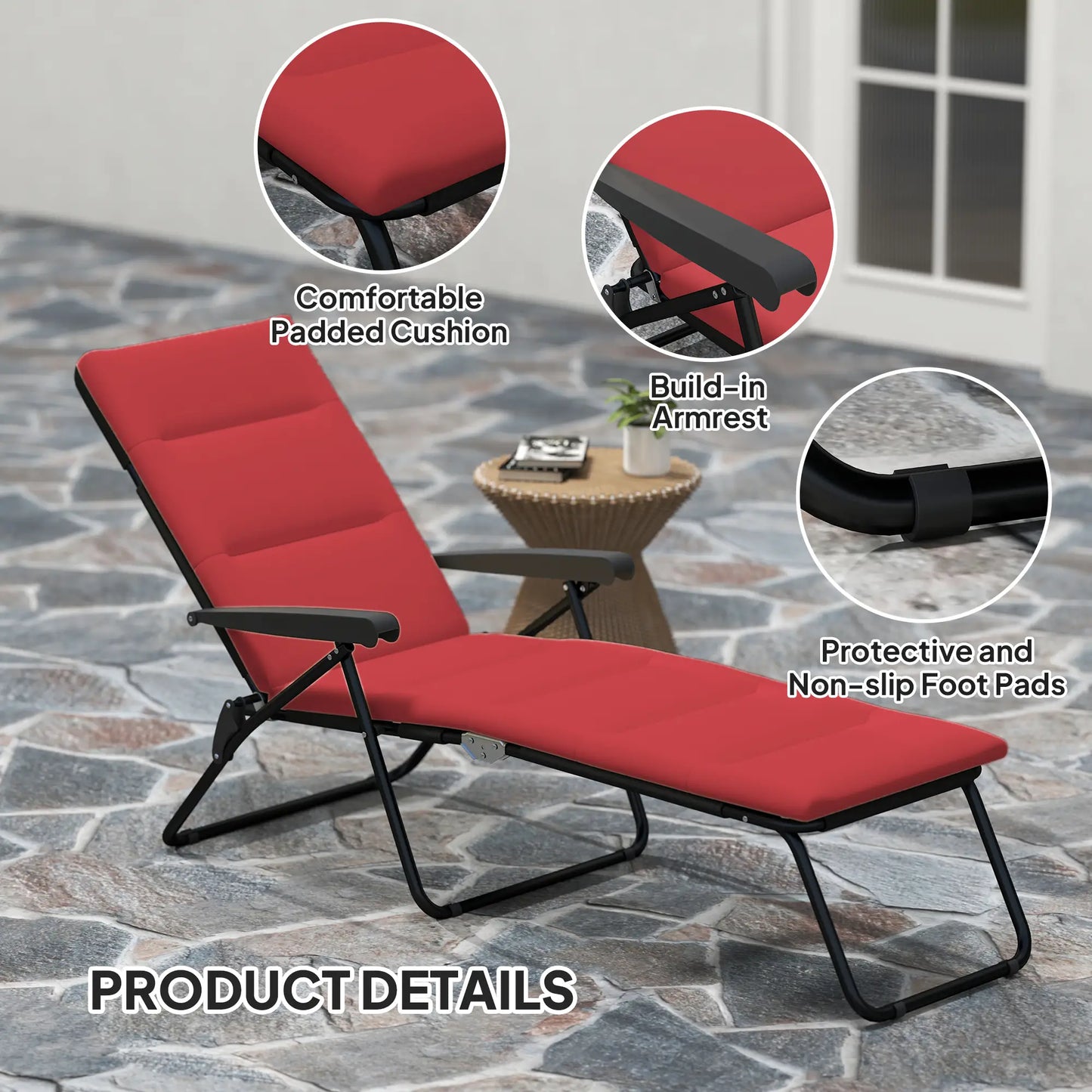 Foldable Reclining Patio Lounge Chair, 6-Position Adjustable, Wine Red Lounger Chairs at Gallery Canada