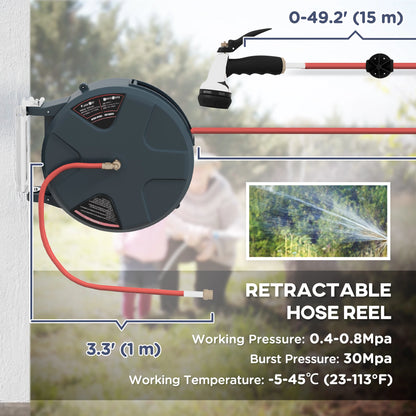 1/2" 49ft Retractable Hose Reel, 8 Pattern Nozzle, Auto Rewind Garden Accessories at Gallery Canada