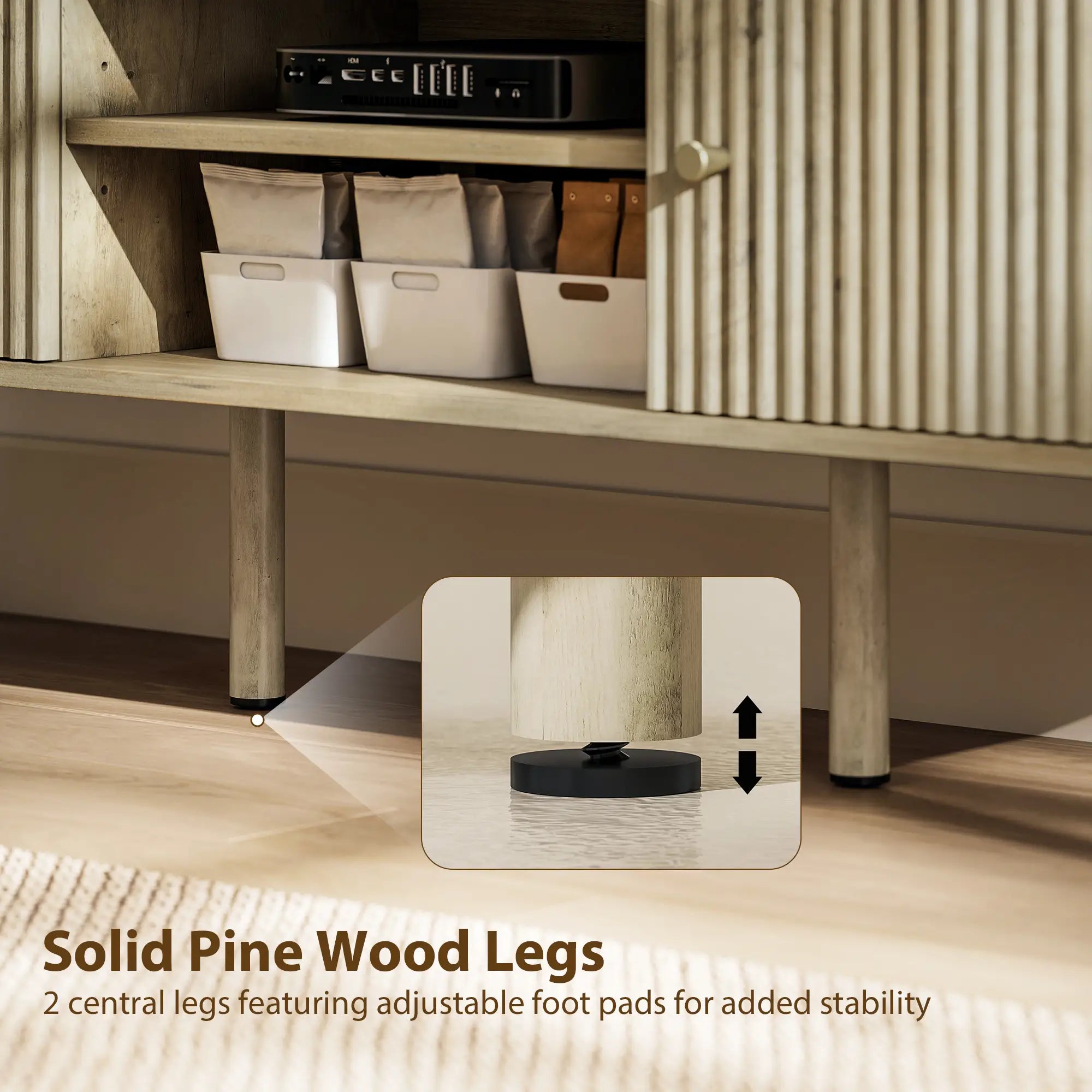 TV Stand for 65 Inch TV, Adjustable Shelves, Pine Wood Legs, Oak TV Stands at Gallery Canada