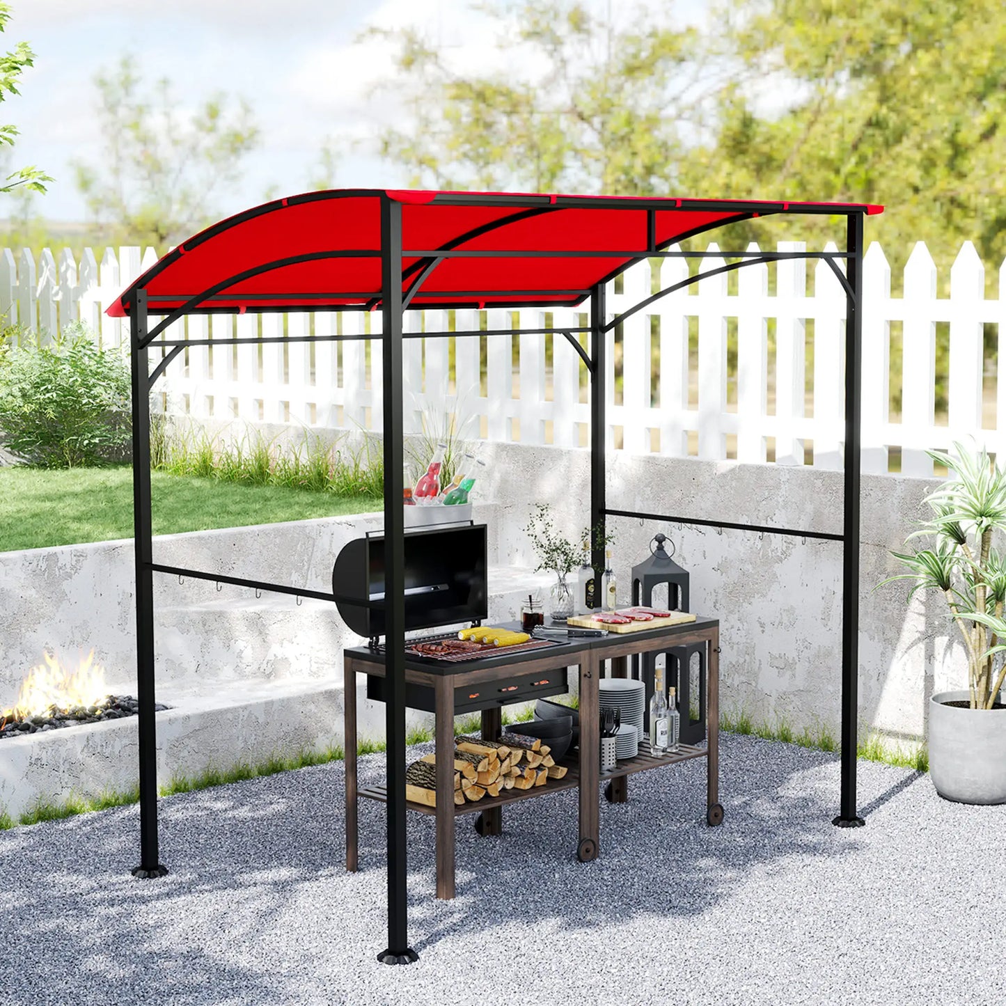 7' x 5' Garden Grill Canopy, BBQ Gazebo Tent, Steel Frame, Wine Red BBQ Grill Gazebos at Gallery Canada