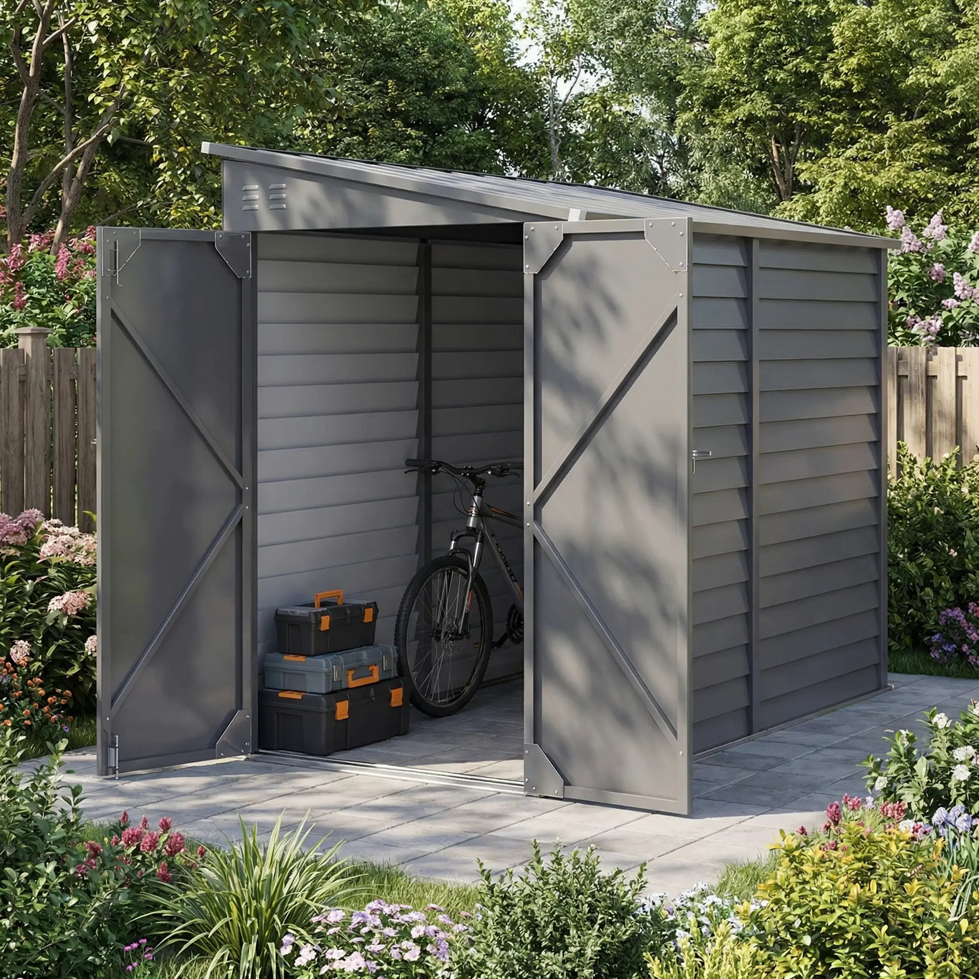 4.6' x 9' Steel Outdoor Storage Shed, Lean to, Lockable Doors, Grey Sheds at Gallery Canada