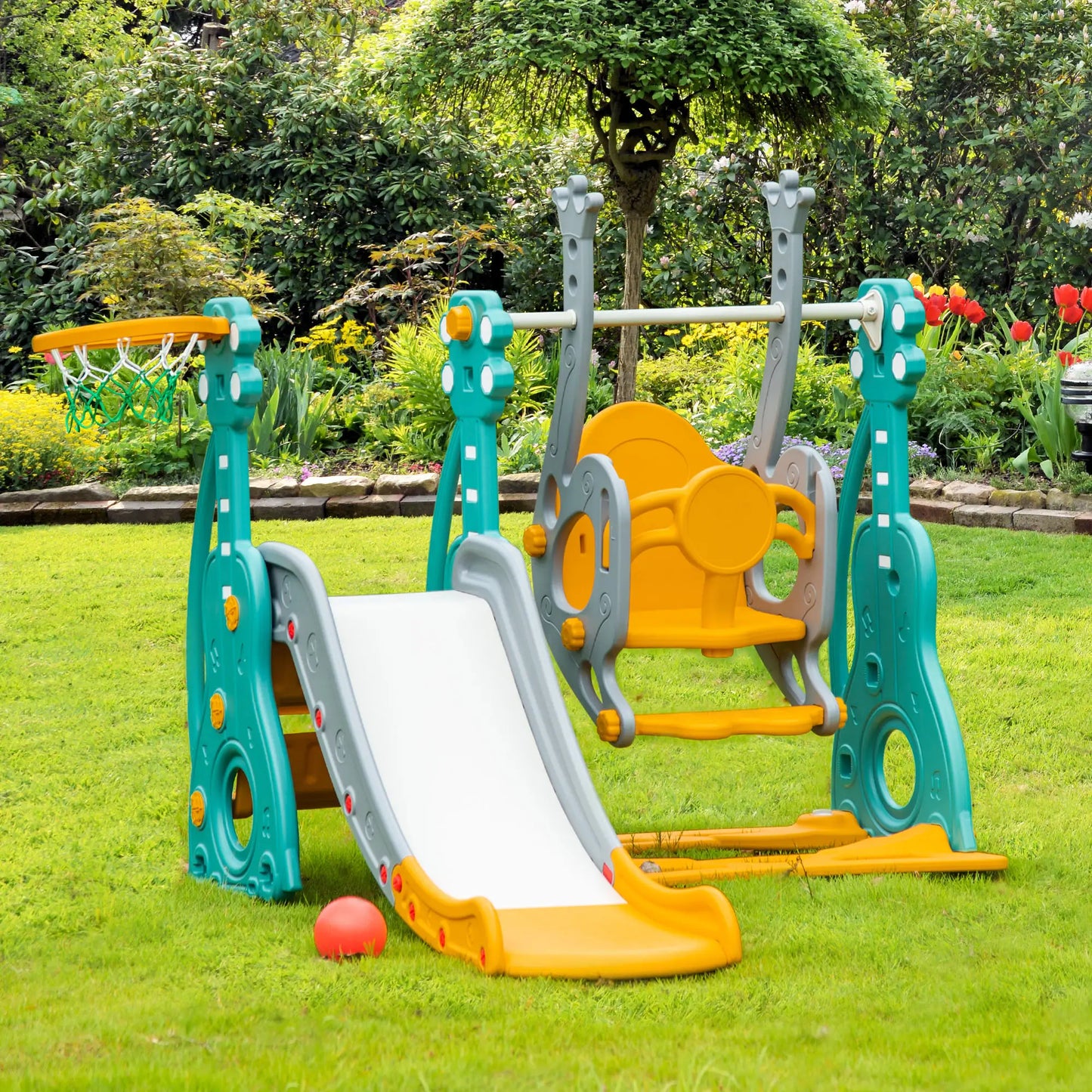 4-in-1 Kids Slide, Swing Set, Basketball Hoop, Adjustable Seat Gym Sets & Swings at Gallery Canada