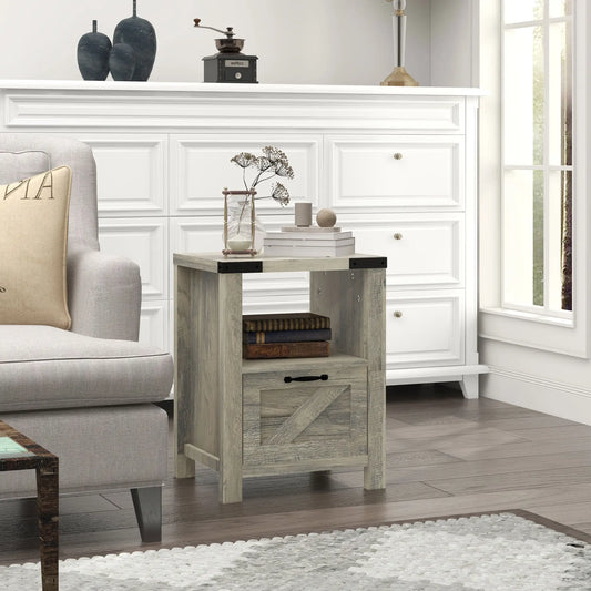 Farmhouse Side Table with Storage, Drawer, Open Shelf, Grey Side Tables Grey at Gallery Canada