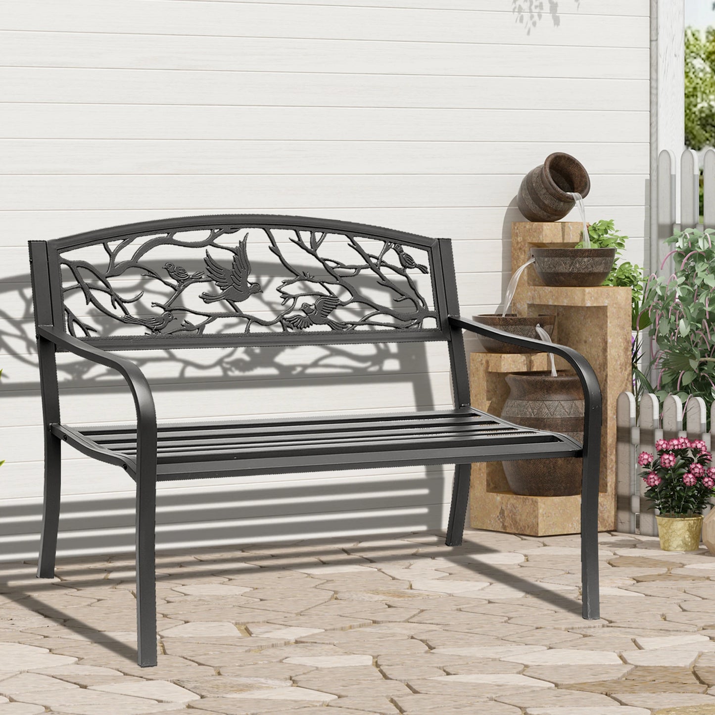 50" Garden Bench, Outdoor Loveseat, Vintage Bird Pattern, Cast Metal, Black Outdoor Benches at Gallery Canada