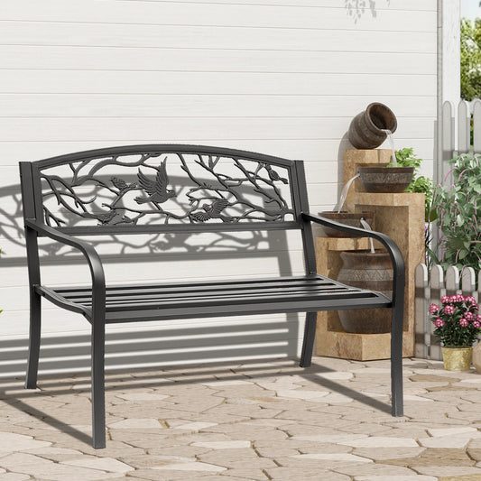 50" Garden Bench, Outdoor Loveseat, Vintage Bird Pattern, Cast Metal, Black Outdoor Benches Black at Gallery Canada