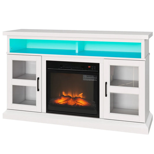 48 Inch Fireplace TV Stand, 3D Flame, Adjustable Shelves, White