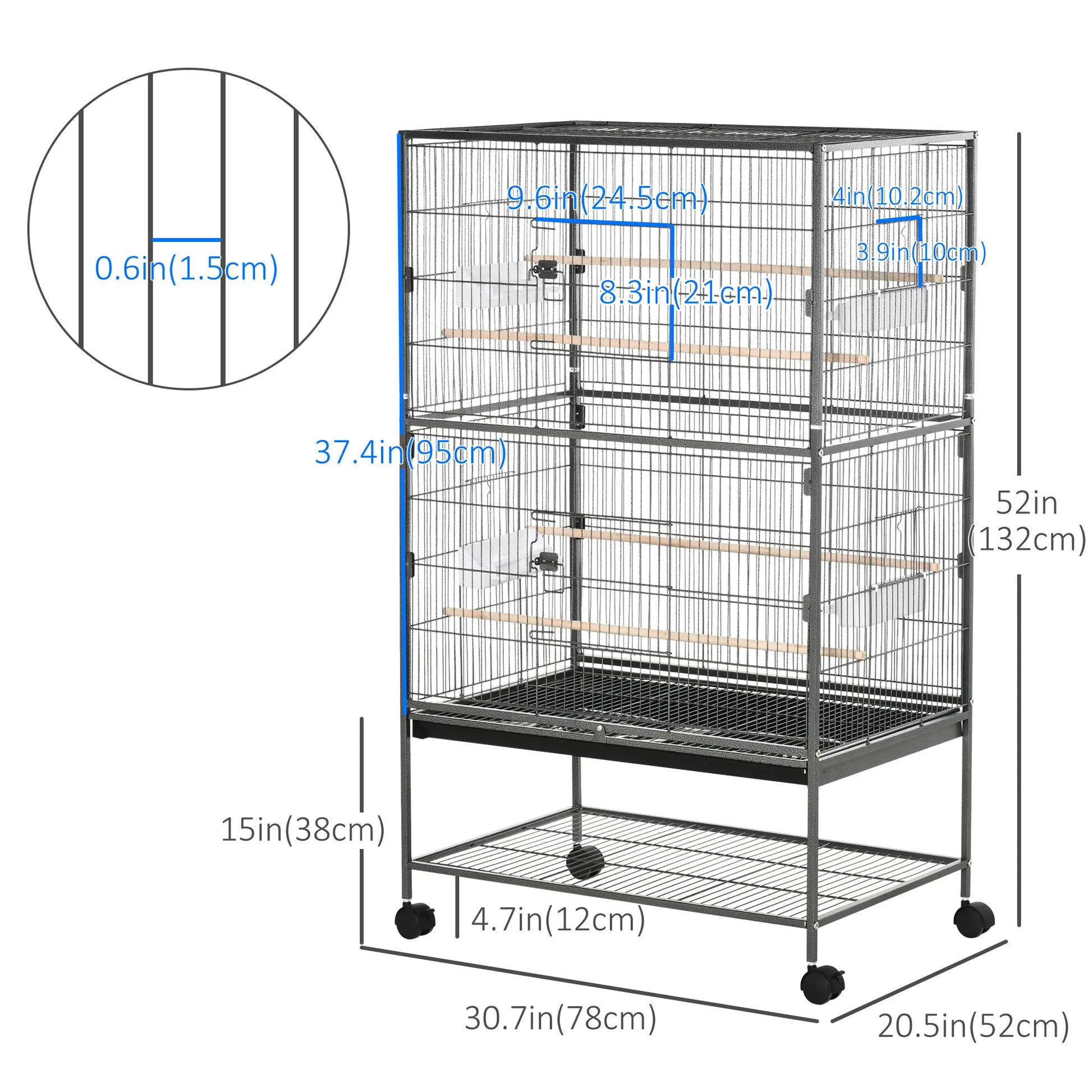 52'' Large Rolling Bird Cage, Storage Shelf, Wood Perch, Dark Grey Bird Cages at Gallery Canada
