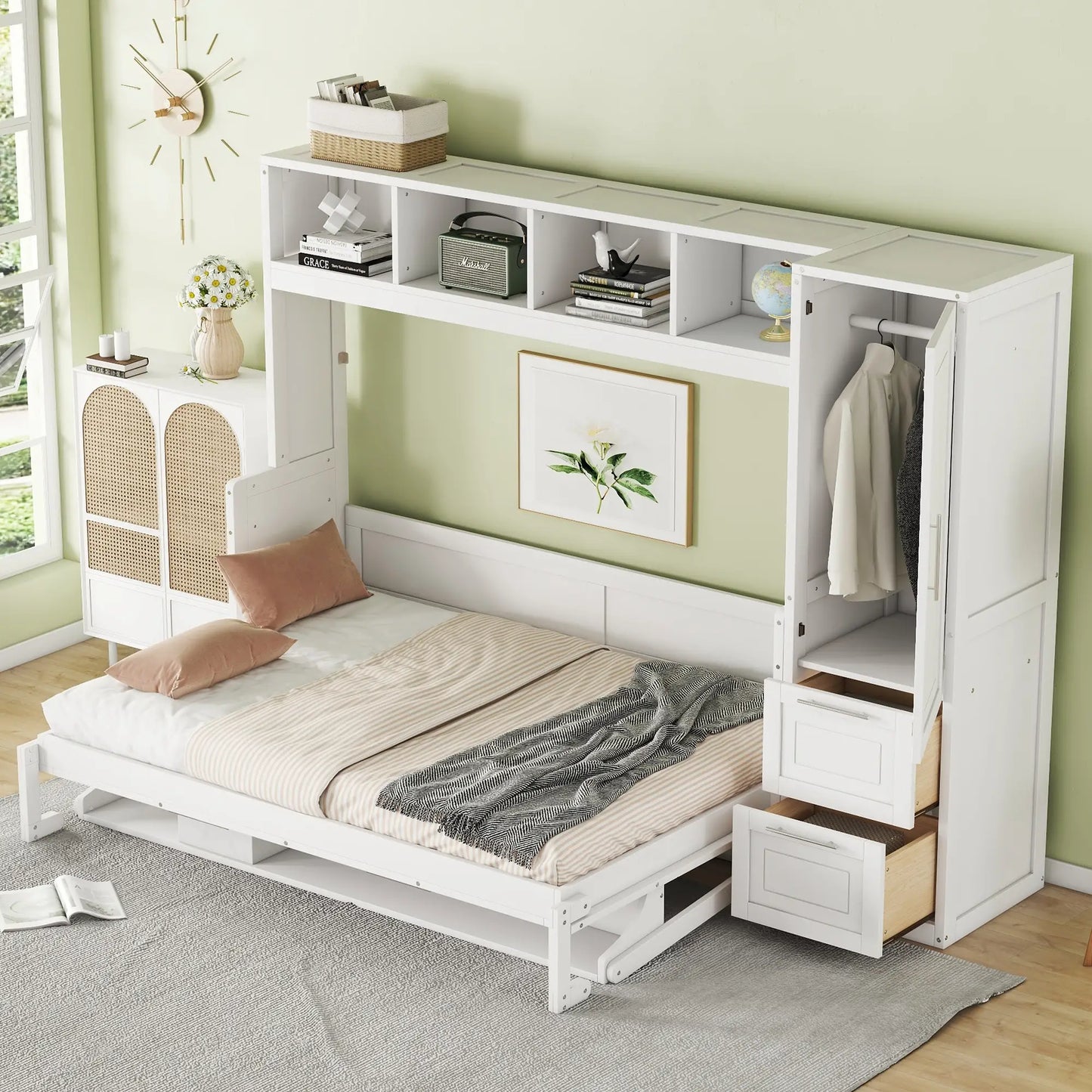 Murphy Bed with Closet, Drawers, 107.5" L x 58" W x 72" H, White Bed Frames at Gallery Canada