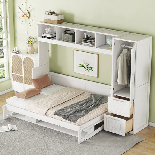 Murphy Bed with Closet, Drawers, 107.5" L x 58" W x 72" H, White Bed Frames Grey at Gallery Canada