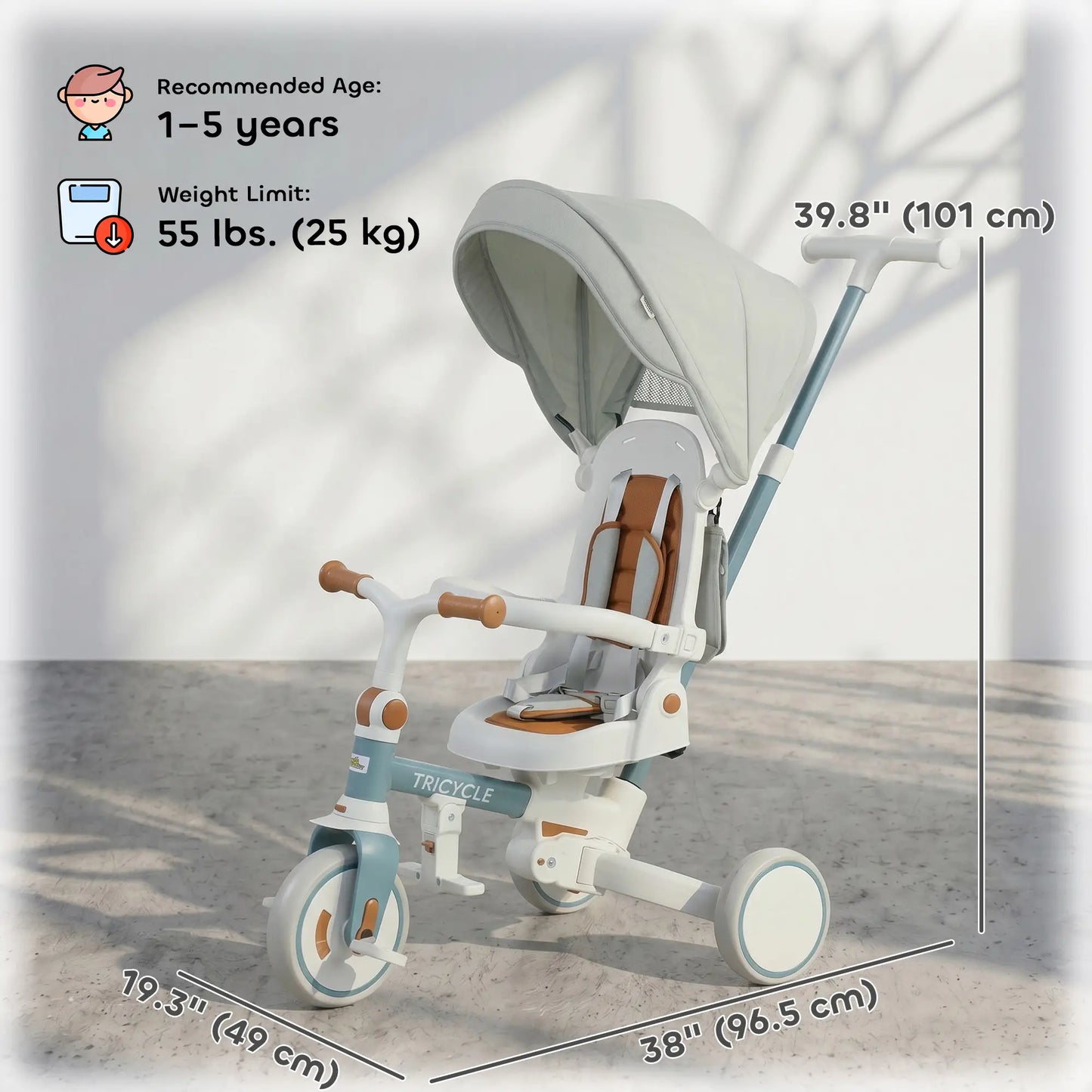 7 in 1 Toddler Tricycle, Adjustable Parent Handle, Canopy, Storage Bag, Brake, Blue Tricycles for Kids at Gallery Canada