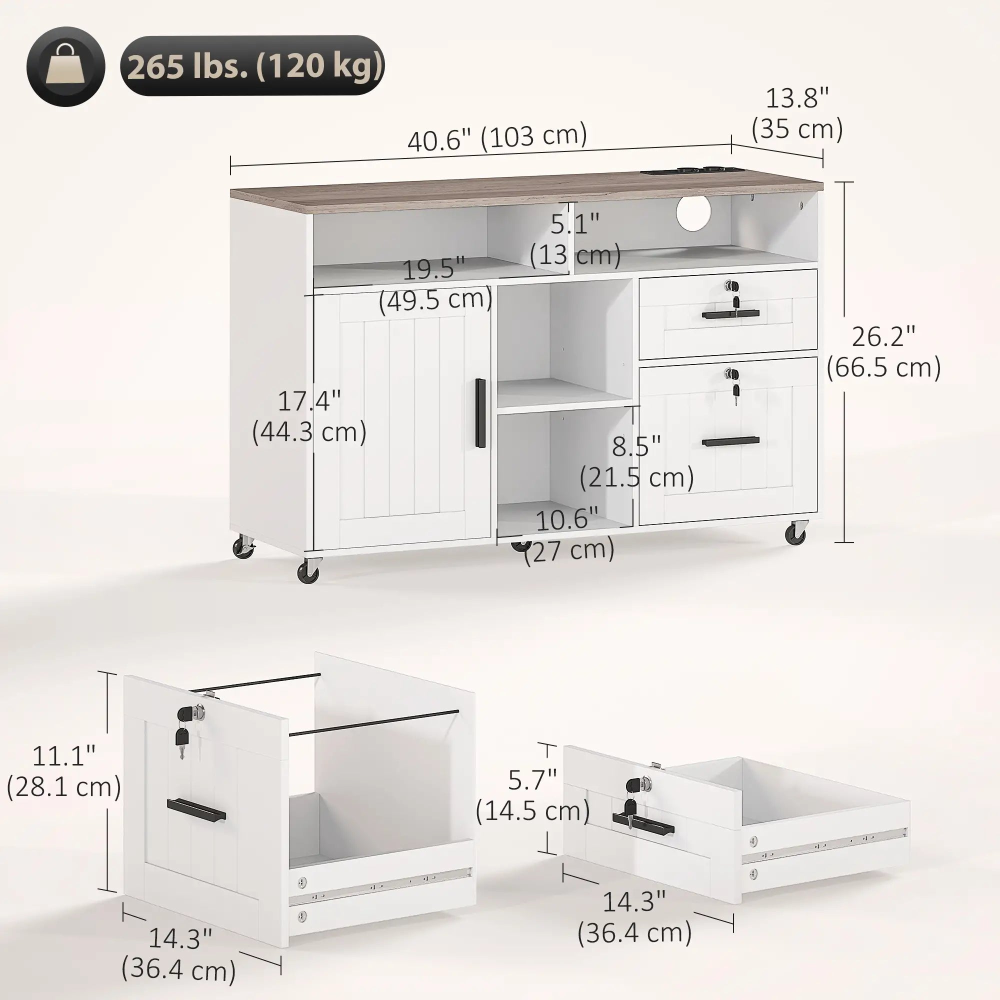 Mobile Printer Stand with Charging Station, Locking Filing Cabinet for A4 and Letter Size, White Office Cabinets & Cupboards at Gallery Canada